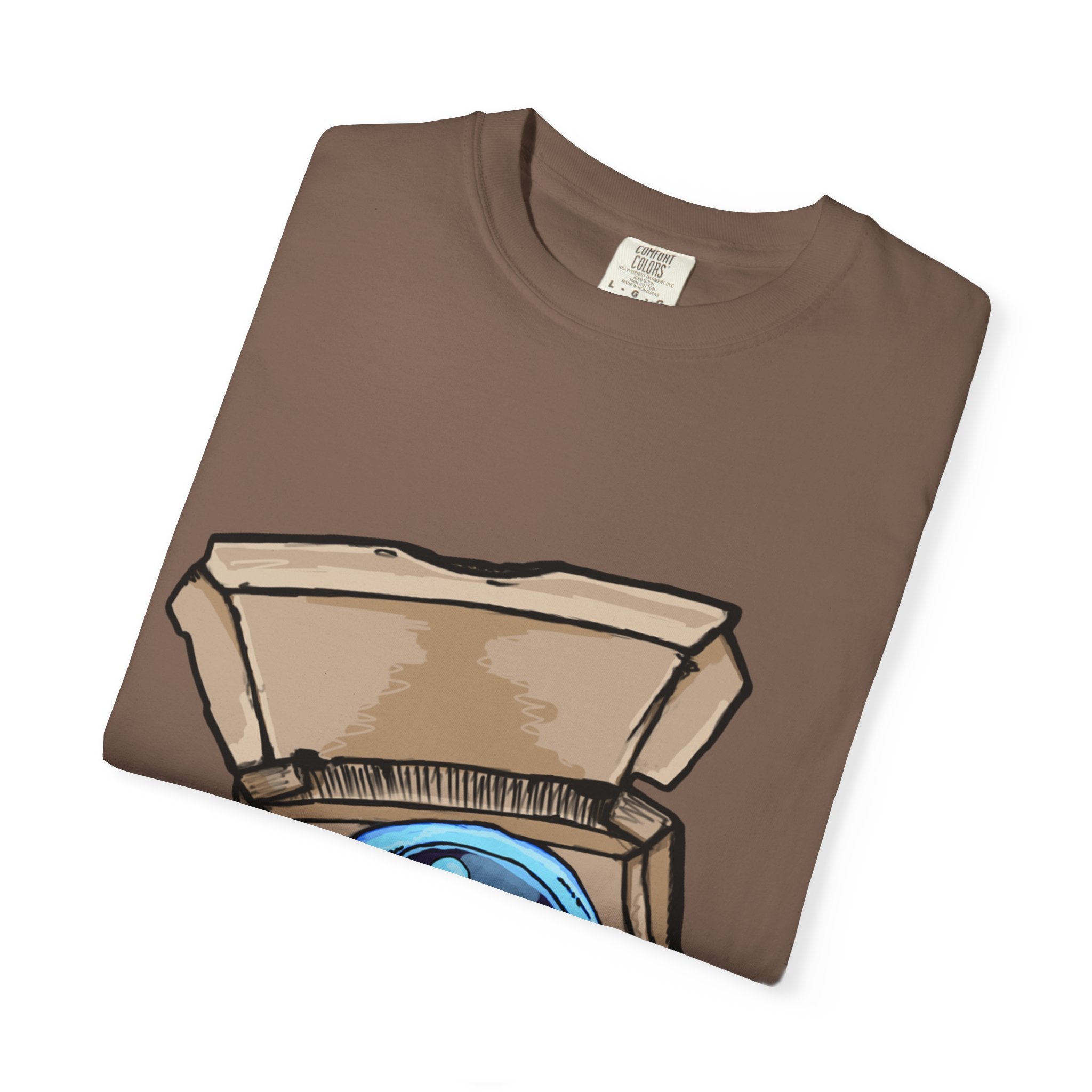 Hand-drawn ice pizza box t-shirt showing open pizza box with glowing blue ice pizza and floating orbs from PizzaBytes collection

