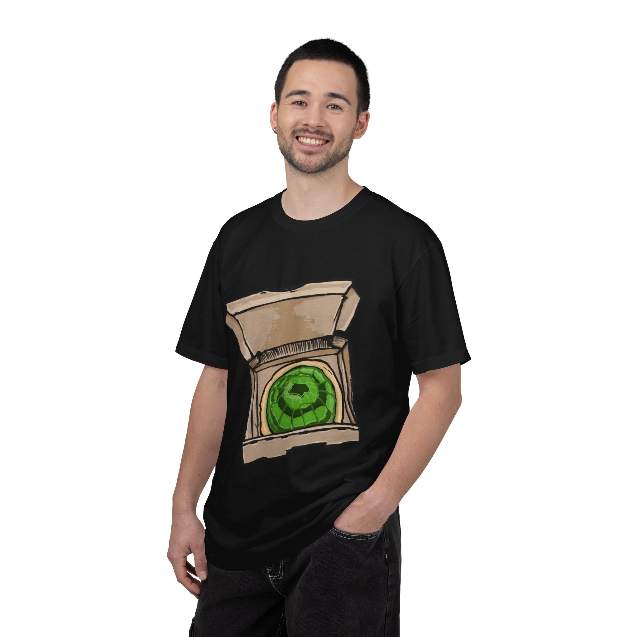 Hand-drawn jelly pizza box t-shirt showing open pizza box with green wobbly jelly pizza from PizzaBytes collection

