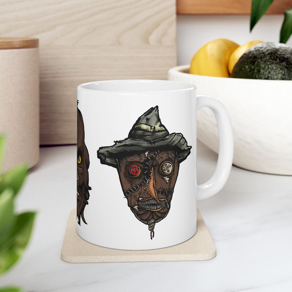 Freaky Features Werewolf Scarecrow PumpkinJack mug showing three monster designs: brown werewolf with yellow eyes, scarecrow with witch hat, and carved pumpkin head on white ceramic mug
