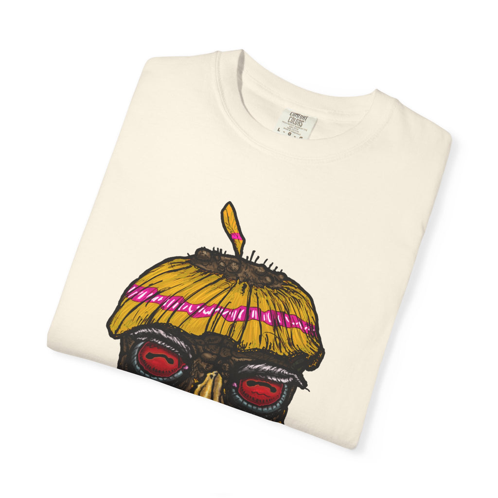 Freaky Features HorrorBird t-shirt, front shows deranged rooster head with long tongue, back shows open pizza box with bird nest and blue eggs
