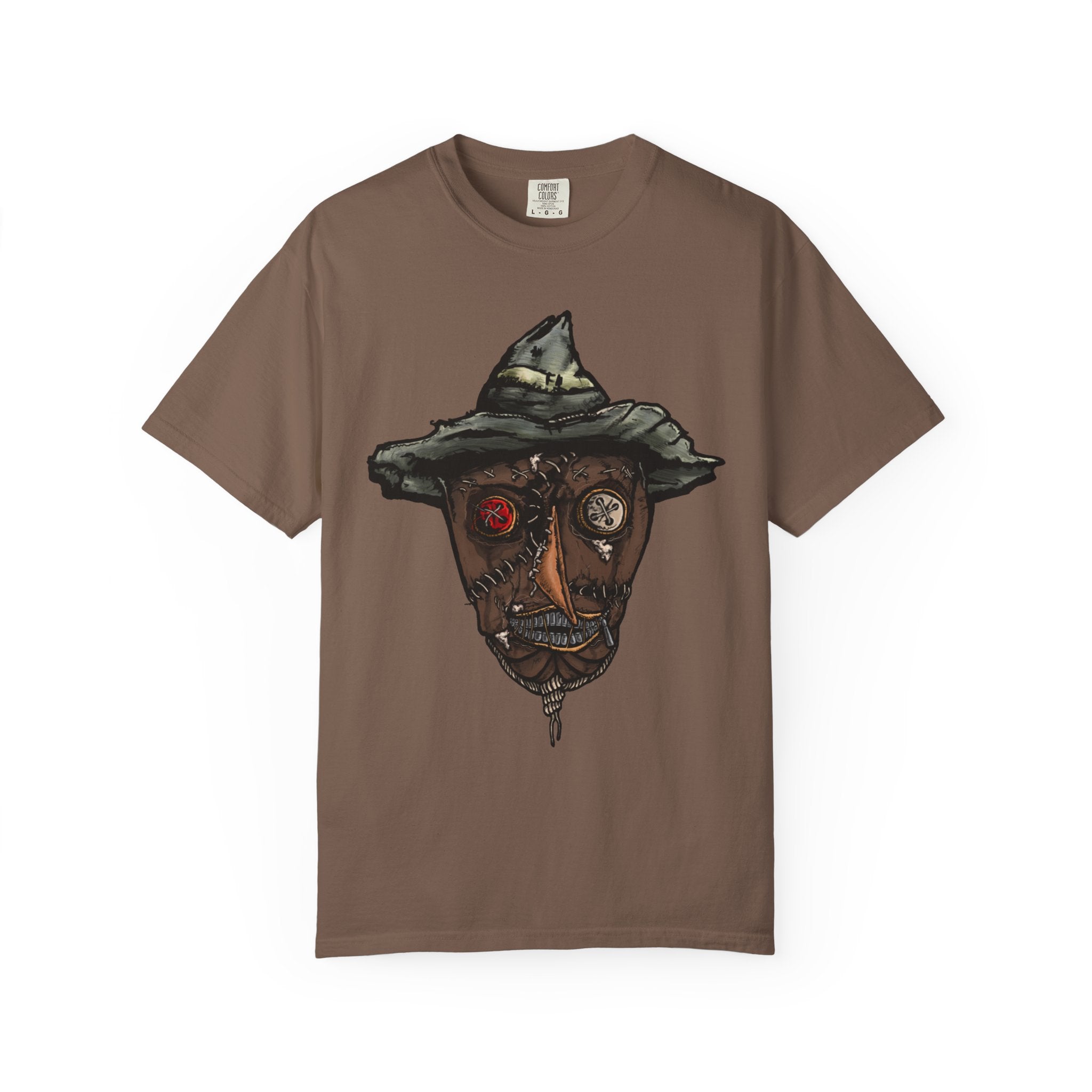 Freaky Features Scarecrow t-shirt, front shows creepy scarecrow head with witch hat and mismatched eyes, back shows open pizza box with lattice cherry pie

