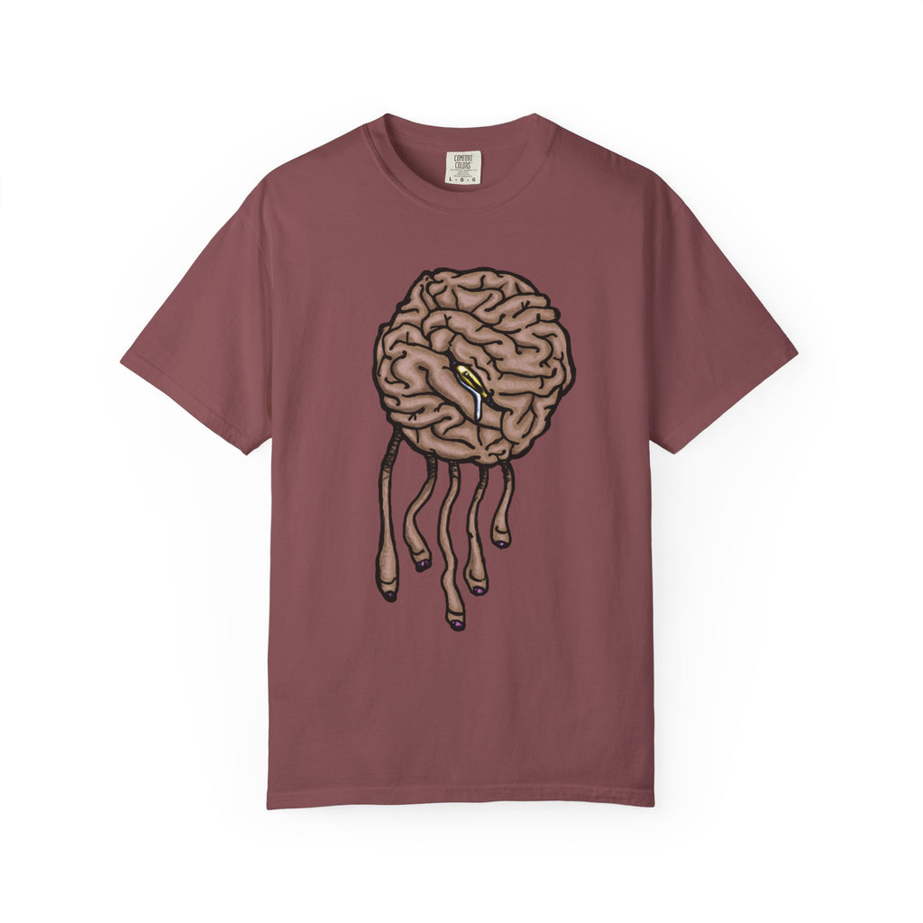 Freaky Features Sad Brian t-shirt, front shows a sad dripping brain monster with tentacles, back shows an open pizza box with half-eaten cake dripping

