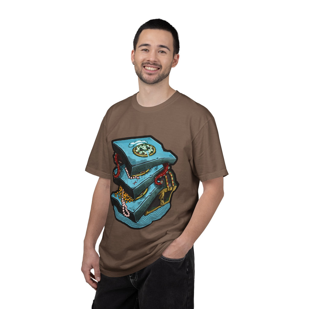 Hand-drawn pizza treasure chest t-shirt with stacked pizza boxes, gold coins, pearls, red octopus tentacles and pirate chest on Comfort Colors tee from PizzaBytes collection