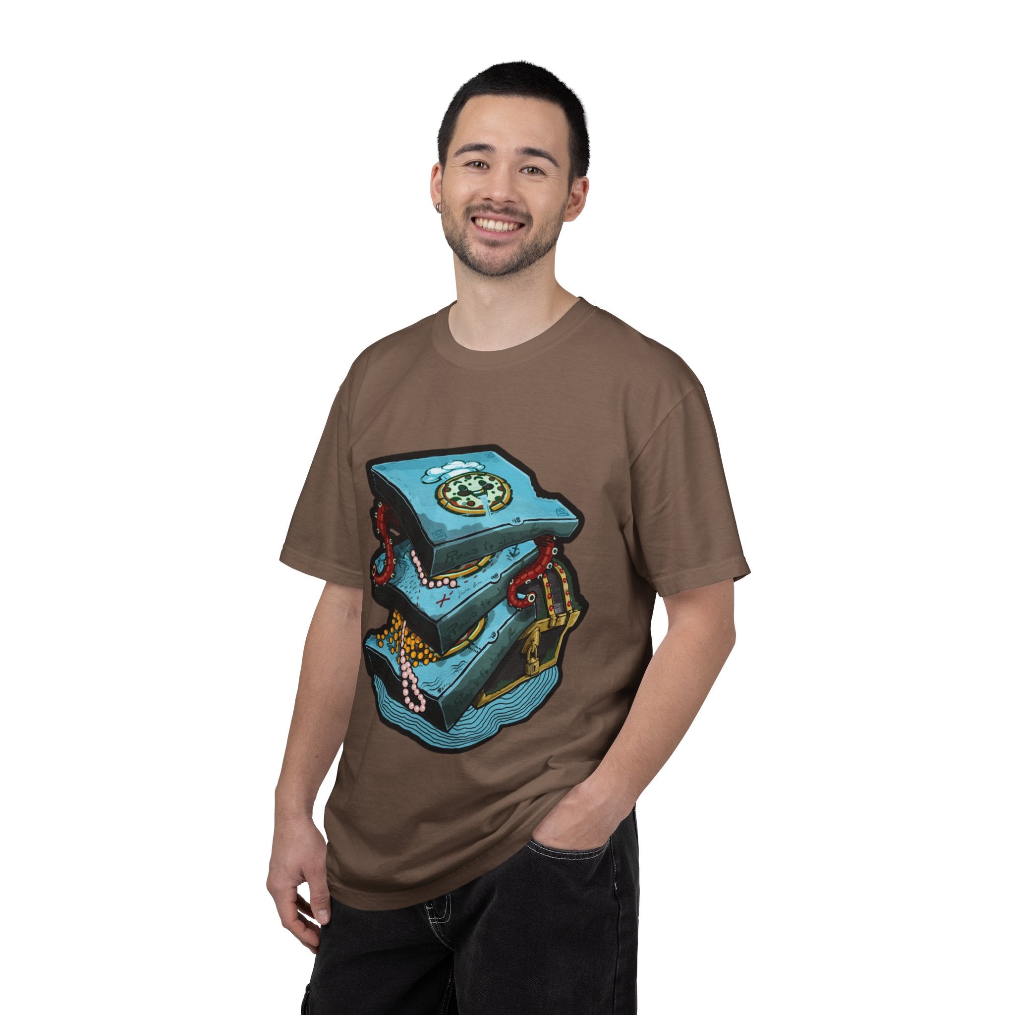 Hand-drawn pizza treasure chest t-shirt with stacked pizza boxes, gold coins, pearls, red octopus tentacles and pirate chest on Comfort Colors tee from PizzaBytes collection