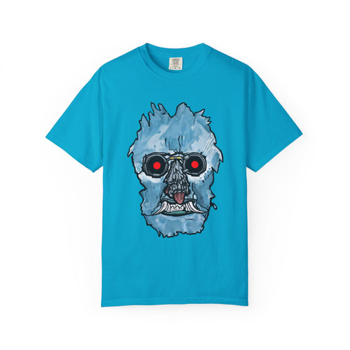 Freaky Features Iceman t-shirt, front shows frozen ice monster head with red goggles and fangs, back shows open pizza box with ice pizza inside

