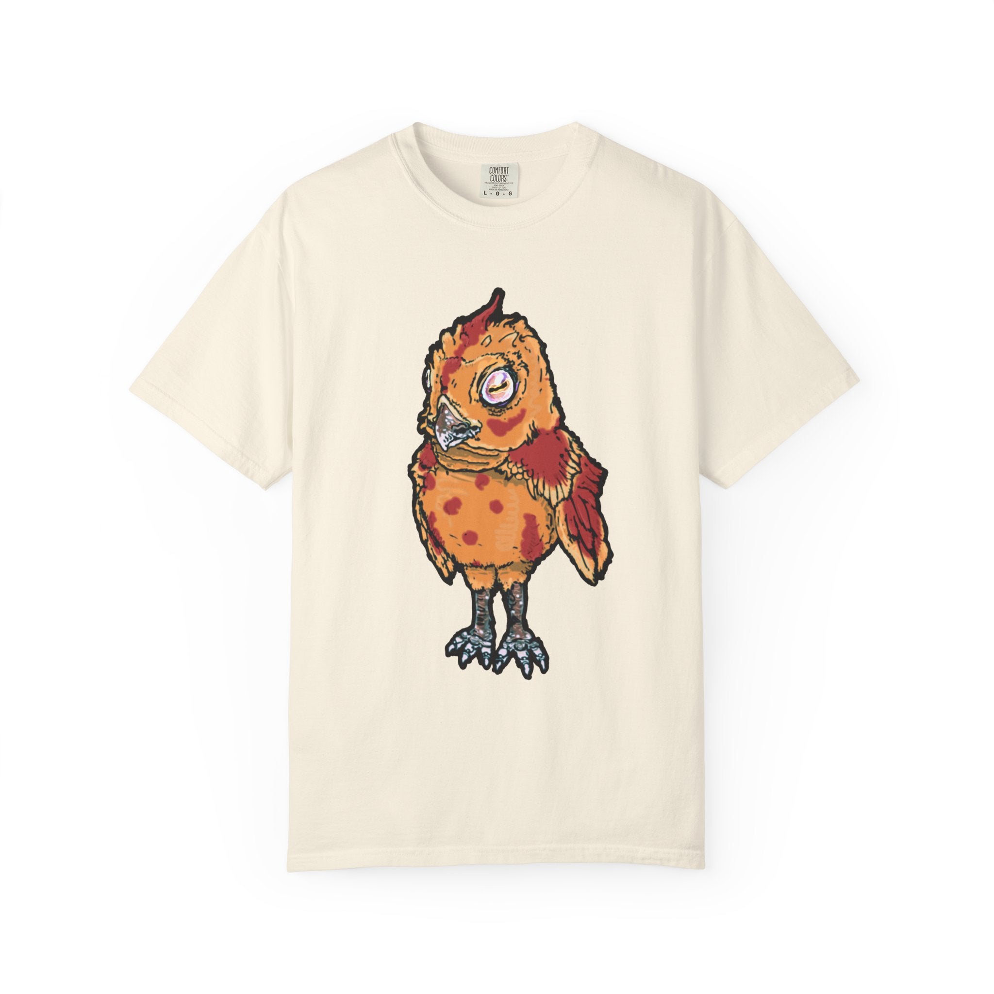 Hand-drawn spotted pizza owl monster t-shirt with melted cheese spots, pepperoni red markings and big multicolored eye tee from PizzaBytes collection

