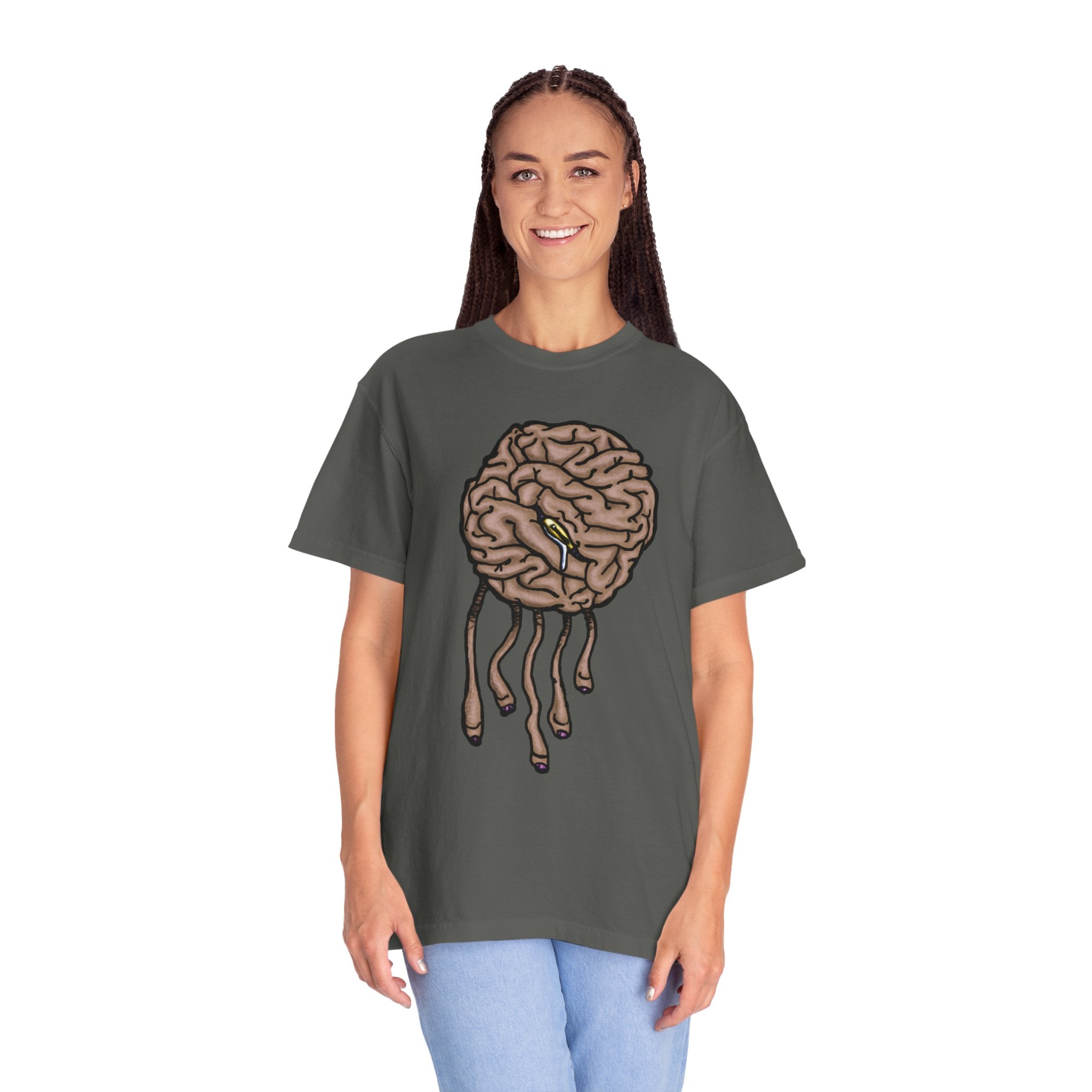 Freaky Features Sad Brian t-shirt, front shows a sad dripping brain monster with tentacles, back shows an open pizza box with half-eaten cake dripping
