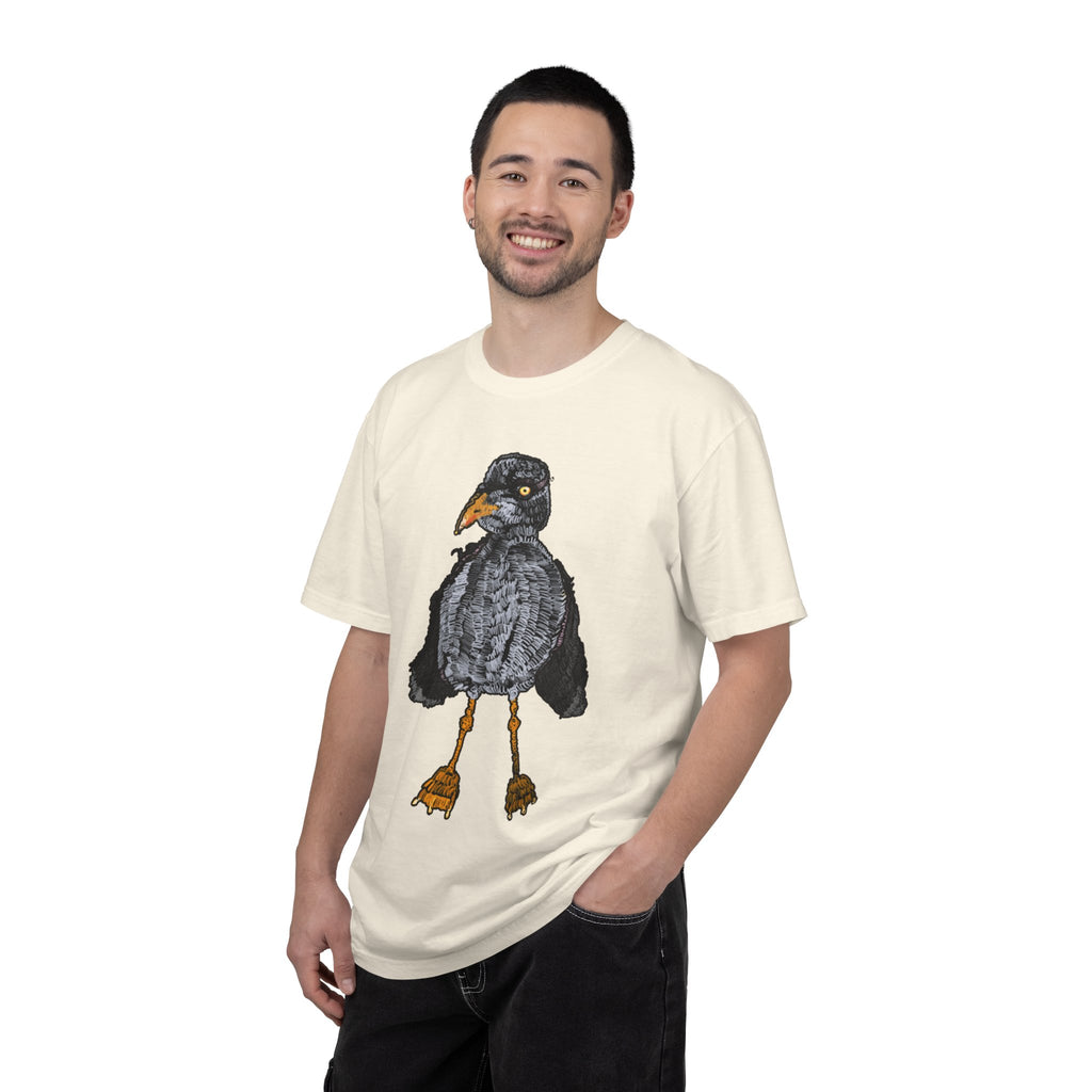 Hand-drawn crocheted staring seagull t-shirt with textured feathers, intense yellow eye and orange legs on Comfort Colors tee from PizzaBytes collection
