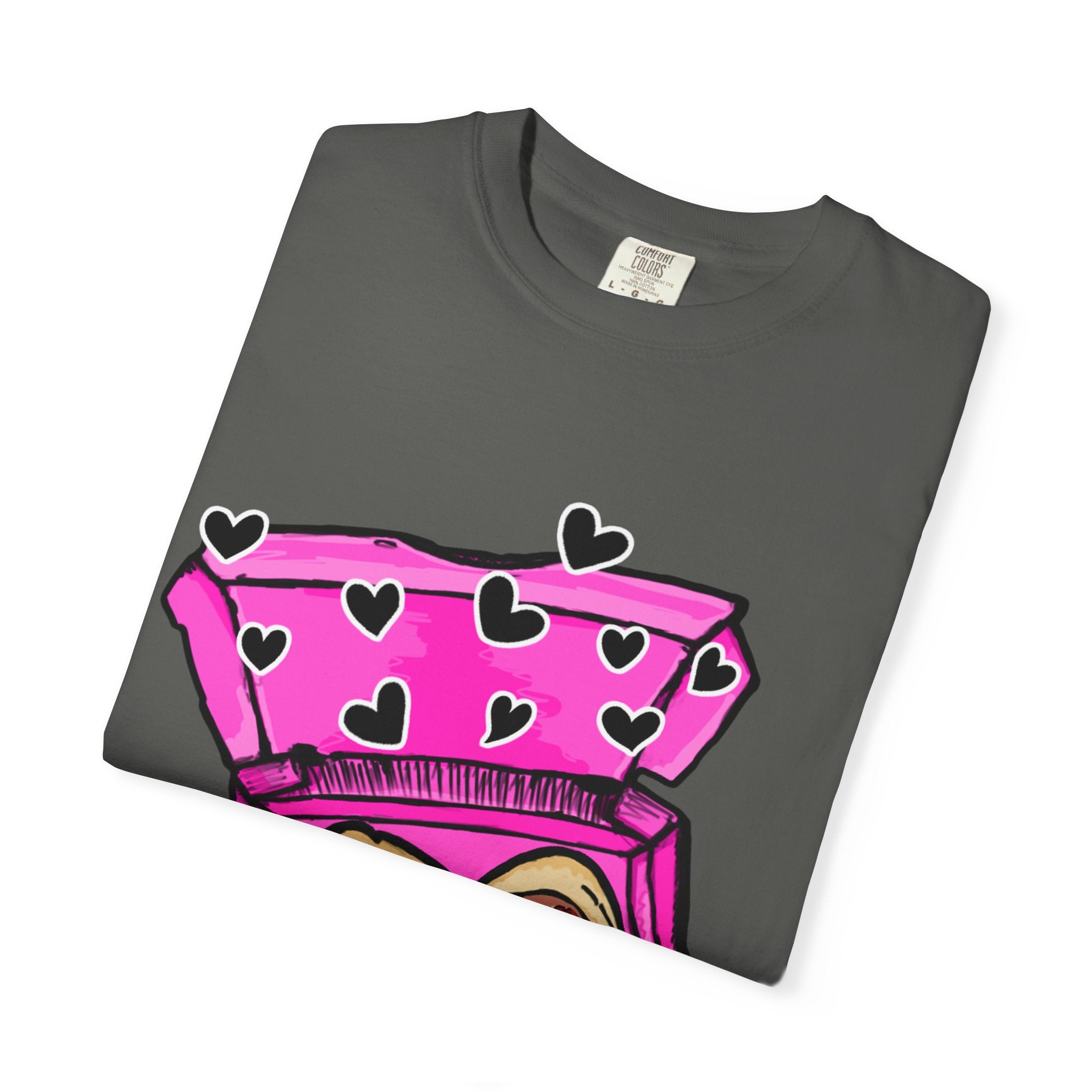 Hand-drawn heart pizza box t-shirt with pink pizza box, heart-shaped pepperoni pizza and floating black hearts on Comfort Color tee from PizzaBytes collection
