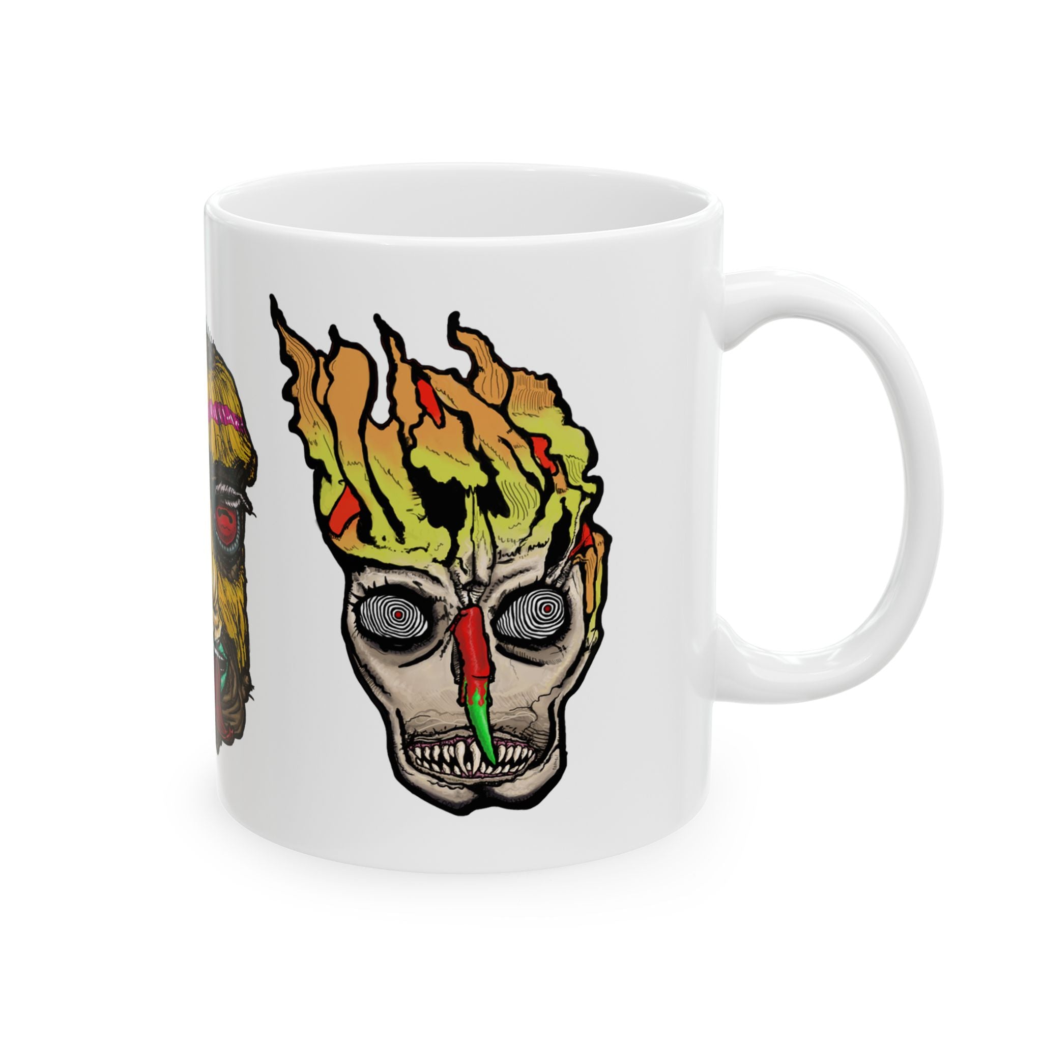 Freaky Features Ghost HorrorBird Flaming Skull mug showing three monster designs: creepy ghost with weapons, horror rooster, and flaming skull with chili nose on white ceramic mug