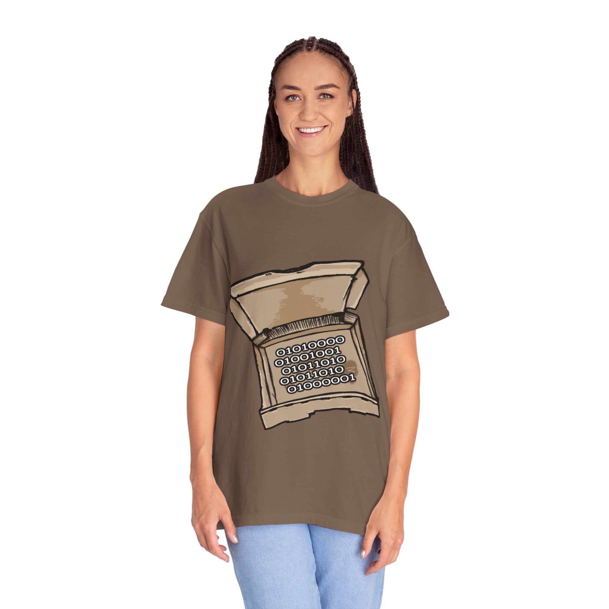 Hand-drawn binary pizza box t-shirt showing open pizza box filled with binary code 010101 from PizzaBytes collection

