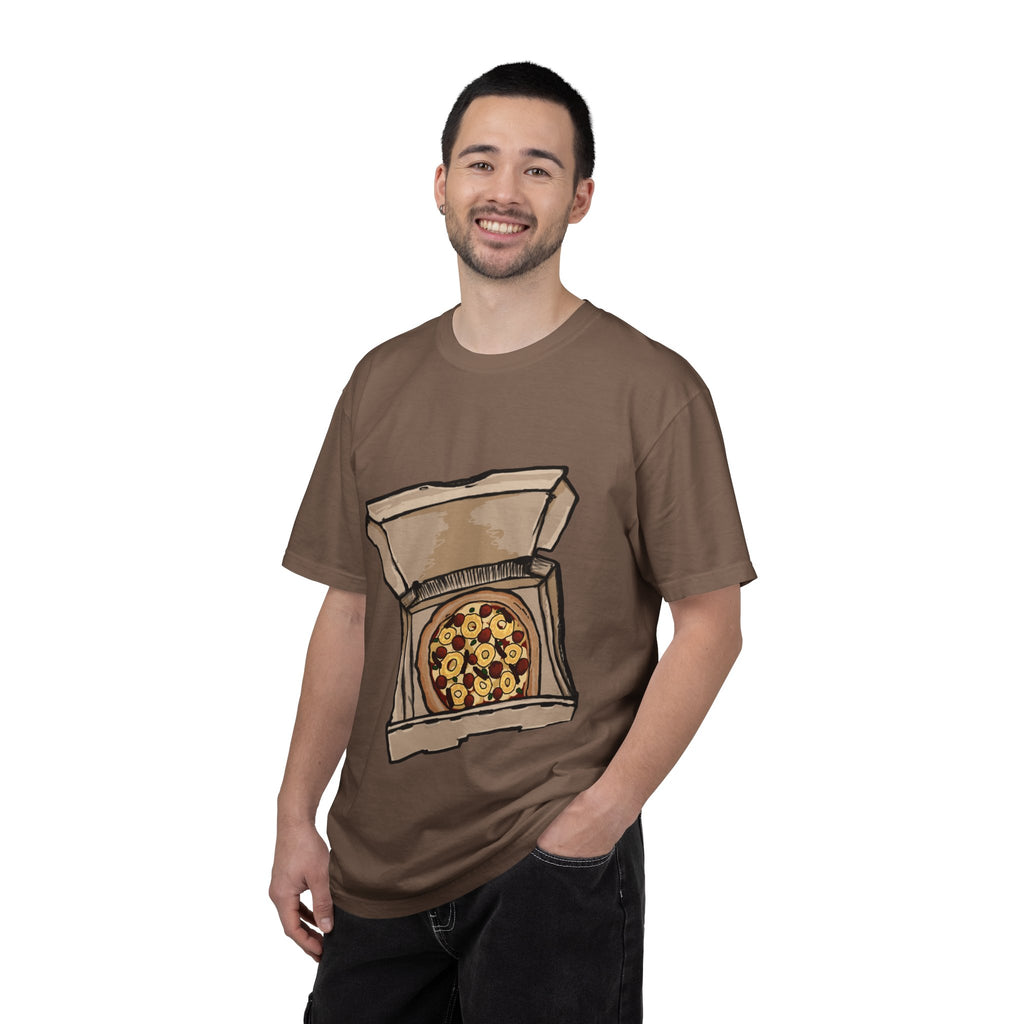 Hand-drawn pepperoni bacon pineapple pizza box t-shirt showing open pizza box with pepperoni, bacon and pineapple pizza from PizzaBytes collection

