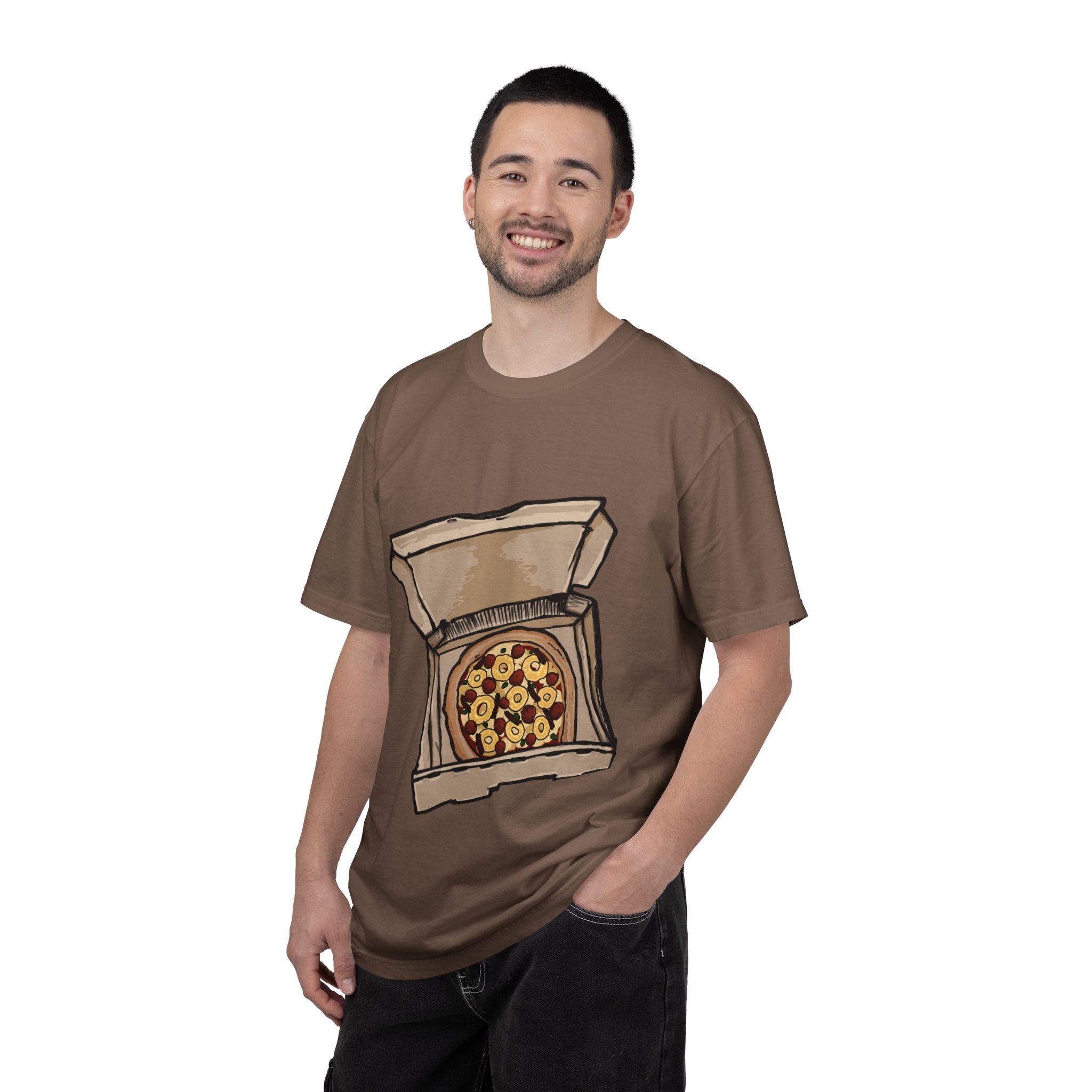 Hand-drawn pepperoni bacon pineapple pizza box t-shirt showing open pizza box with pepperoni, bacon and pineapple pizza from PizzaBytes collection

