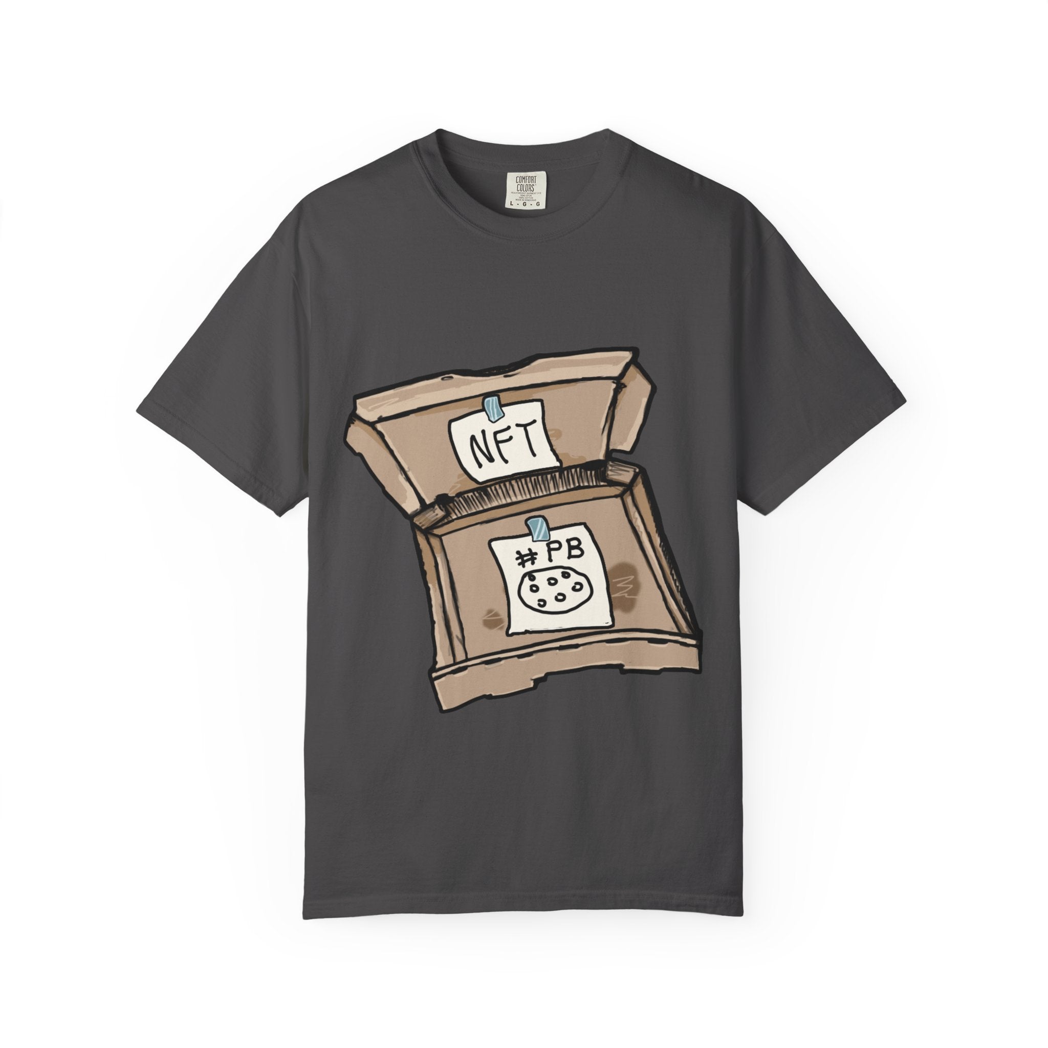 Hand-drawn NFT pizza box t-shirt showing open pizza box with NFT note and #PB pizza drawing from PizzaBytes collection

