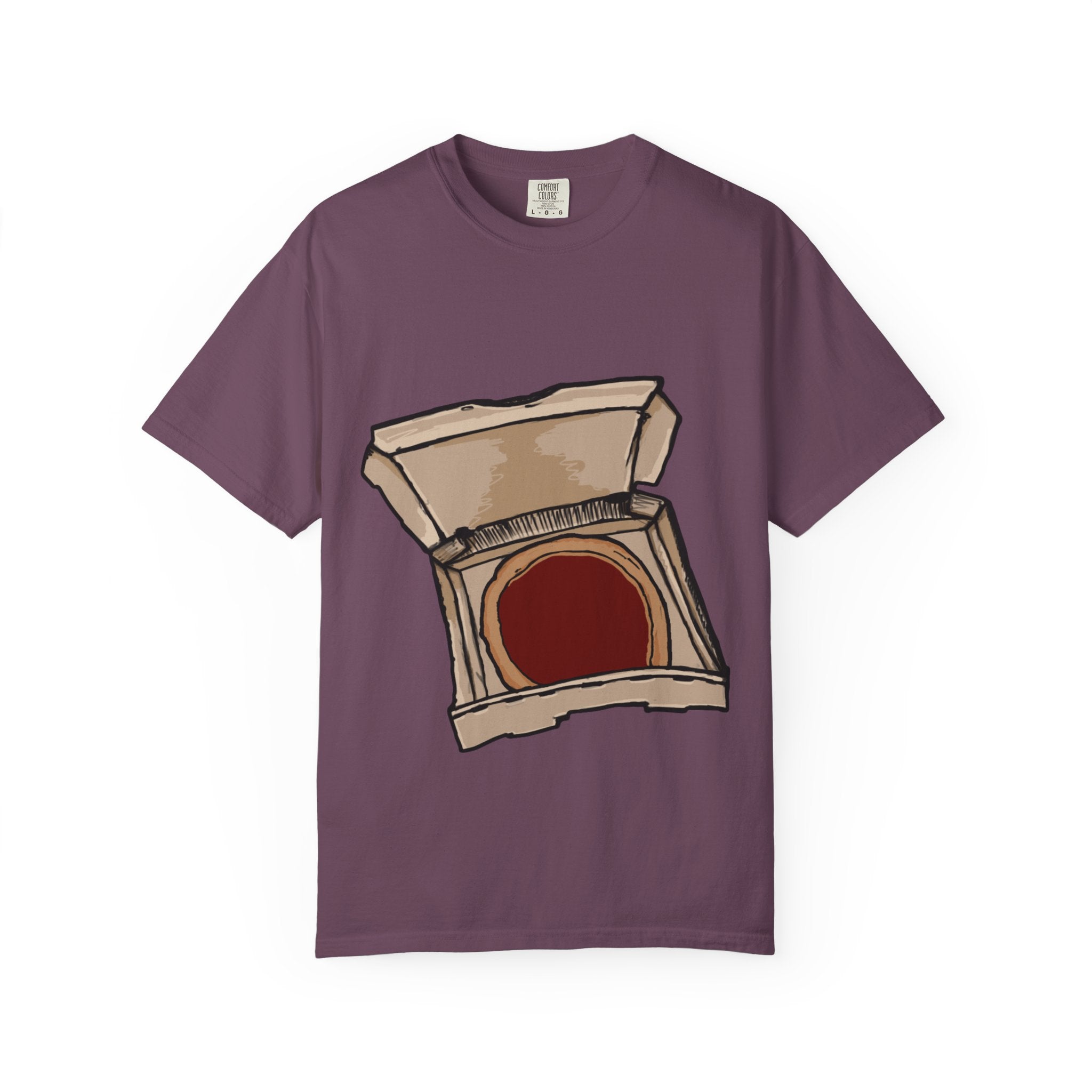 Hand-drawn red sauce pizza box t-shirt showing open pizza box with red sauce pizza from PizzaBytes collection

