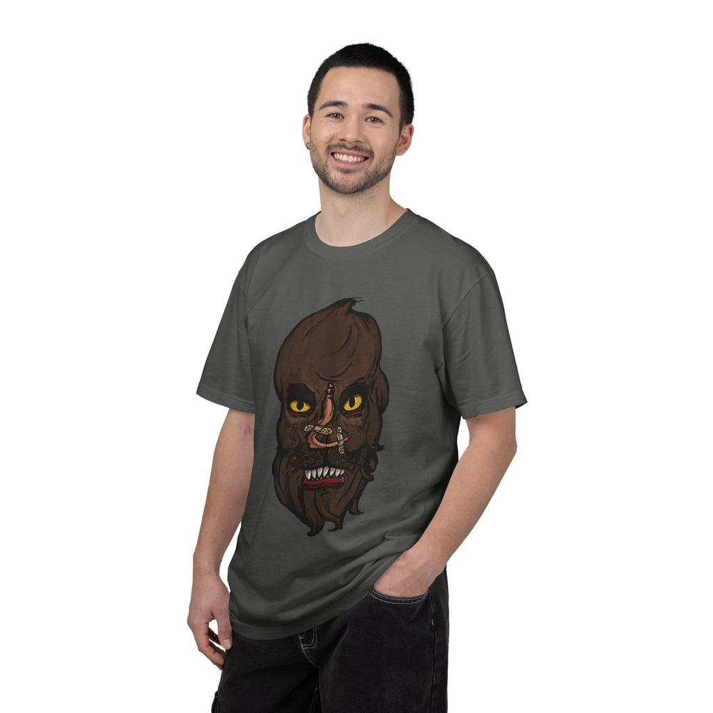 Freaky Features Werewolf t-shirt, front shows werewolf head with glowing yellow eyes and bandaged nose, back shows open pizza box with pepperoni pizza topped with mini cheeseburgers
