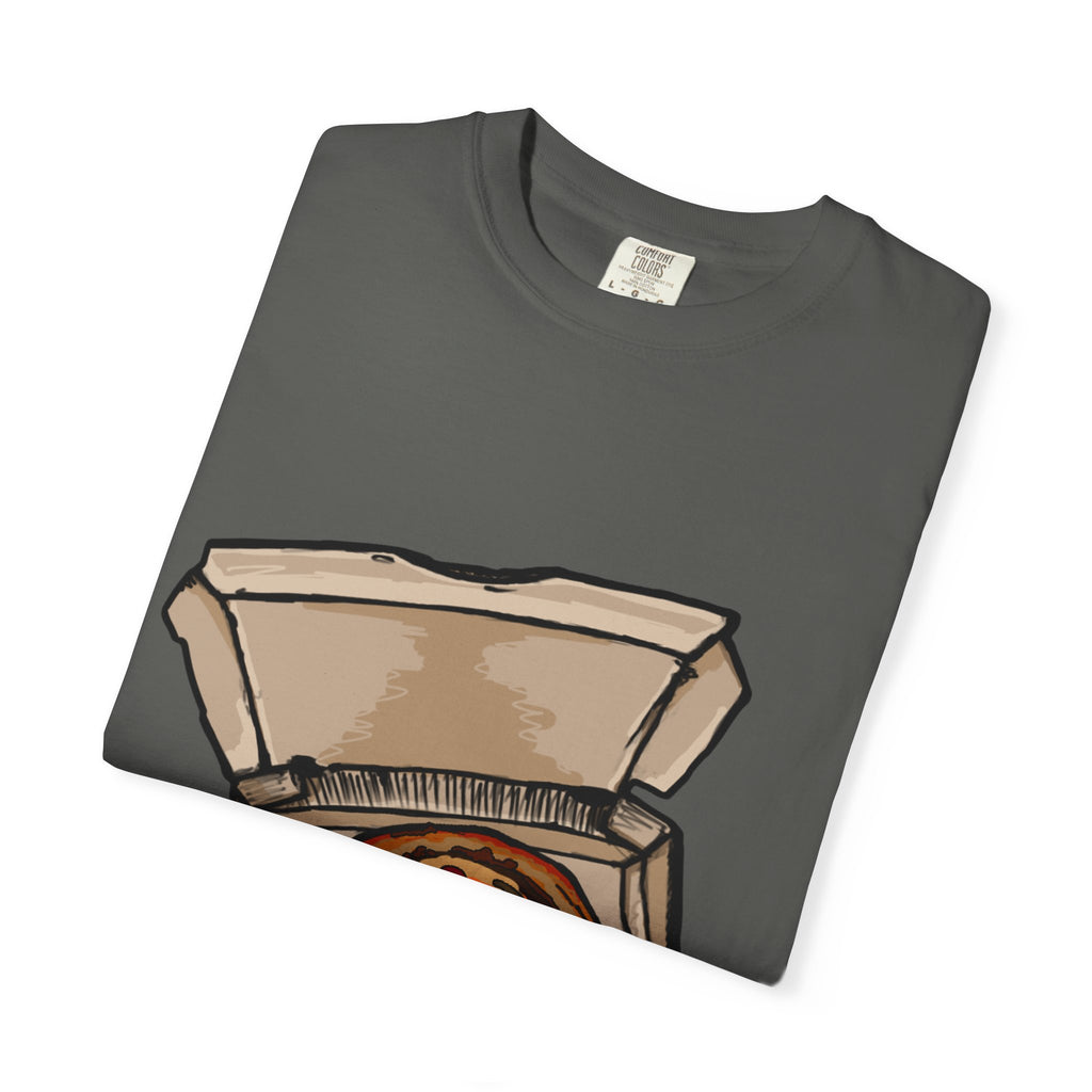 Hand-drawn pepperoni green pepper mushroom pizza box t-shirt showing open pizza box with pepperoni, green pepper and mushroom pizza from PizzaBytes collection

