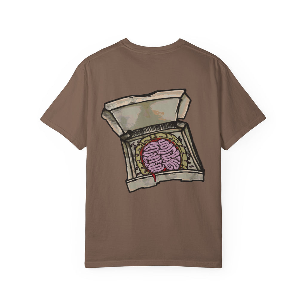 Freaky Features Mummy t-shirt, front shows bandaged mummy head with exposed brain and glowing eyes, back shows open pizza box with brain pizza and worms
