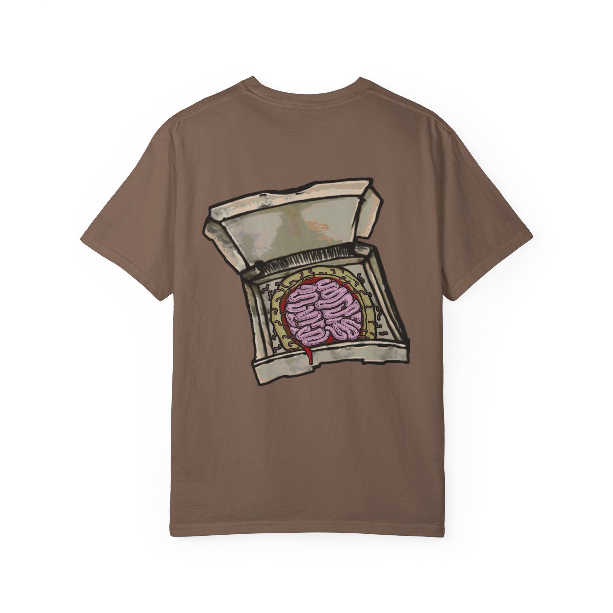 Freaky Features Mummy t-shirt, front shows bandaged mummy head with exposed brain and glowing eyes, back shows open pizza box with brain pizza and worms
