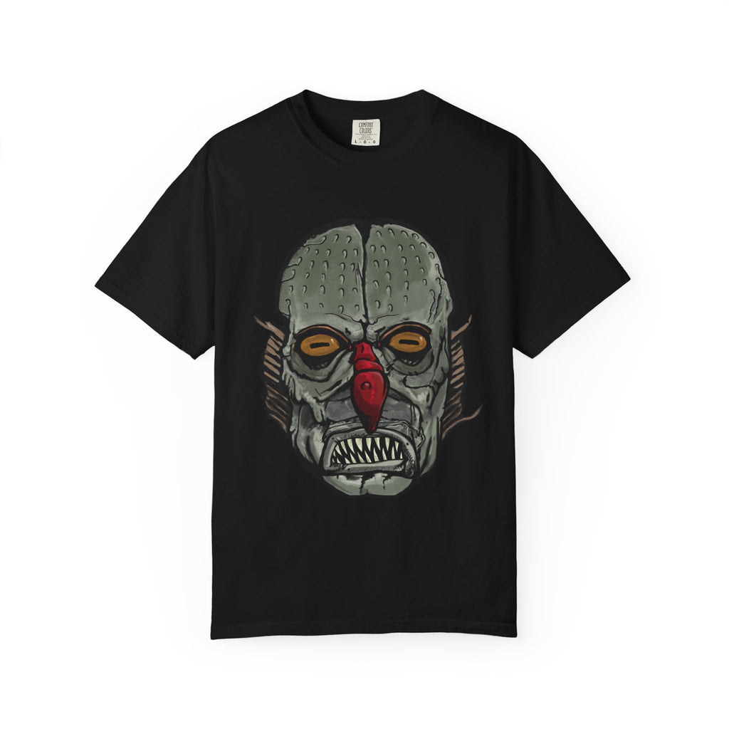 Freaky Features Fishman t-shirt, front shows grotesque fishman with orange eyes and red nose, back shows open pizza box with sewer pizza and skeletons
