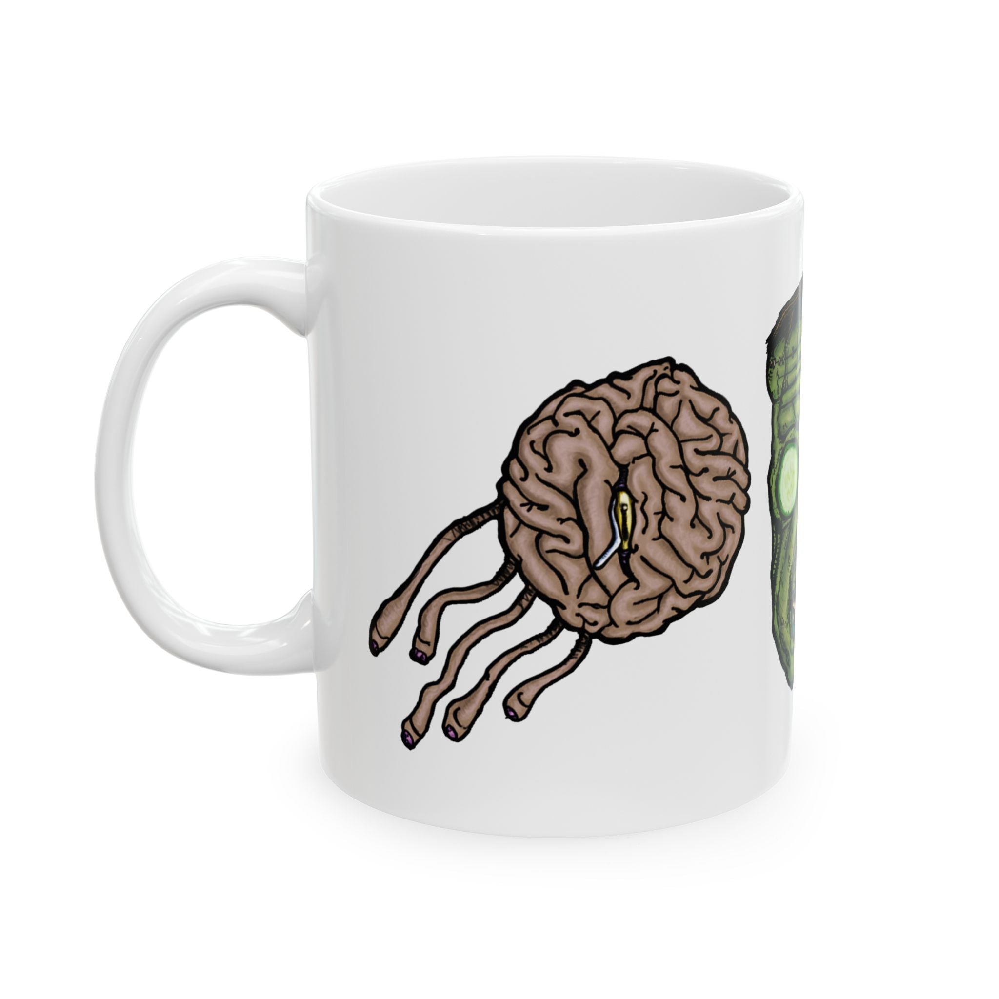 Freaky Features Frankie & the Brians mug showing three monster designs: Franky ( Frankenstein ), purple sad brain with tentacles, and floating brain with glassy eye
