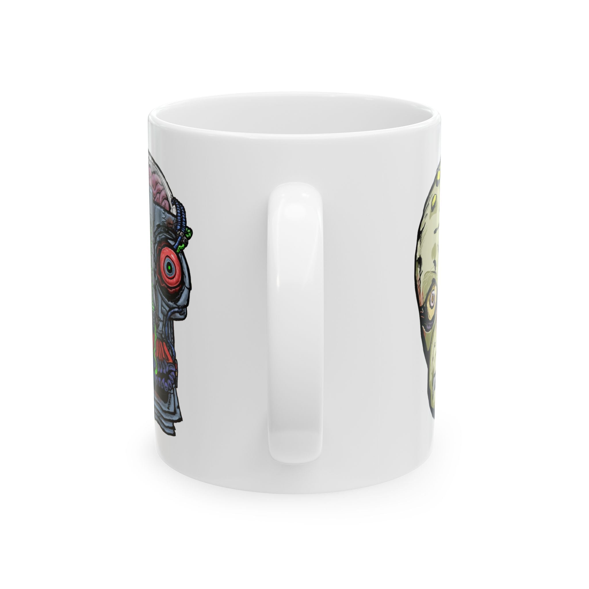 Freaky Features Gremlin Alien Robot mug showing three monster designs: wild-haired gremlin, purple alien swarm, and cybernetic robot skull with exposed brain on white ceramic mug
