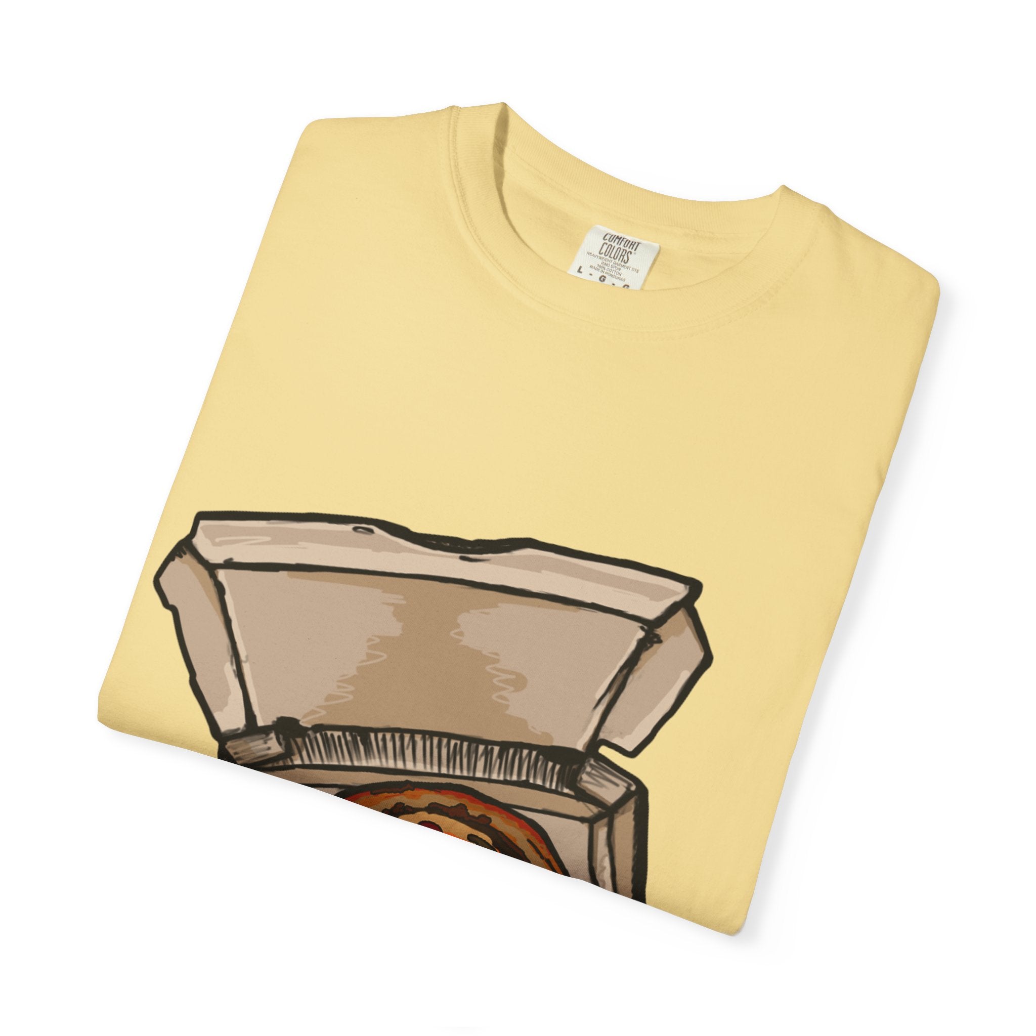 Hand-drawn pepperoni green pepper mushroom pizza box t-shirt showing open pizza box with pepperoni, green pepper and mushroom pizza from PizzaBytes collection

