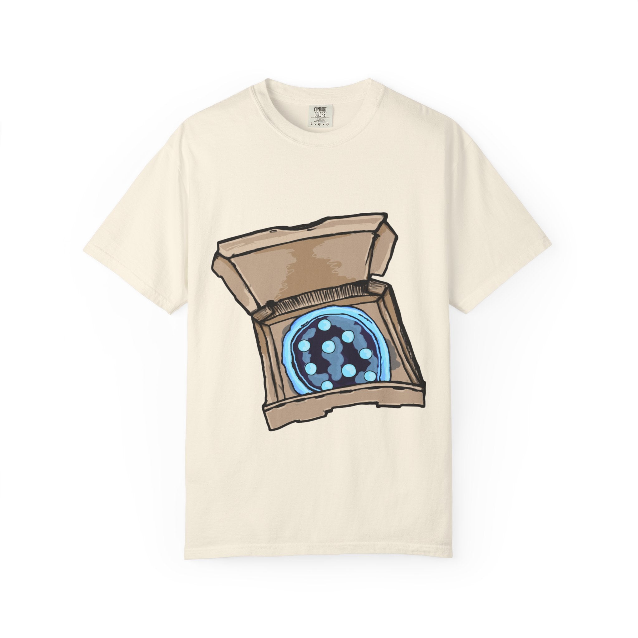 Hand-drawn ice pizza box t-shirt showing open pizza box with glowing blue ice pizza and floating orbs from PizzaBytes collection


