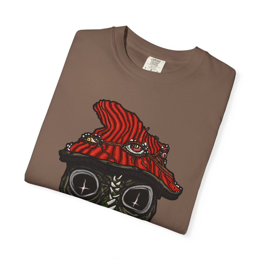 Freaky Features Mushroom Boy t-shirt, front shows grotesque mushroom skull with red cap and multiple eyes, back shows open pizza box with rainbow sprinkle donut
