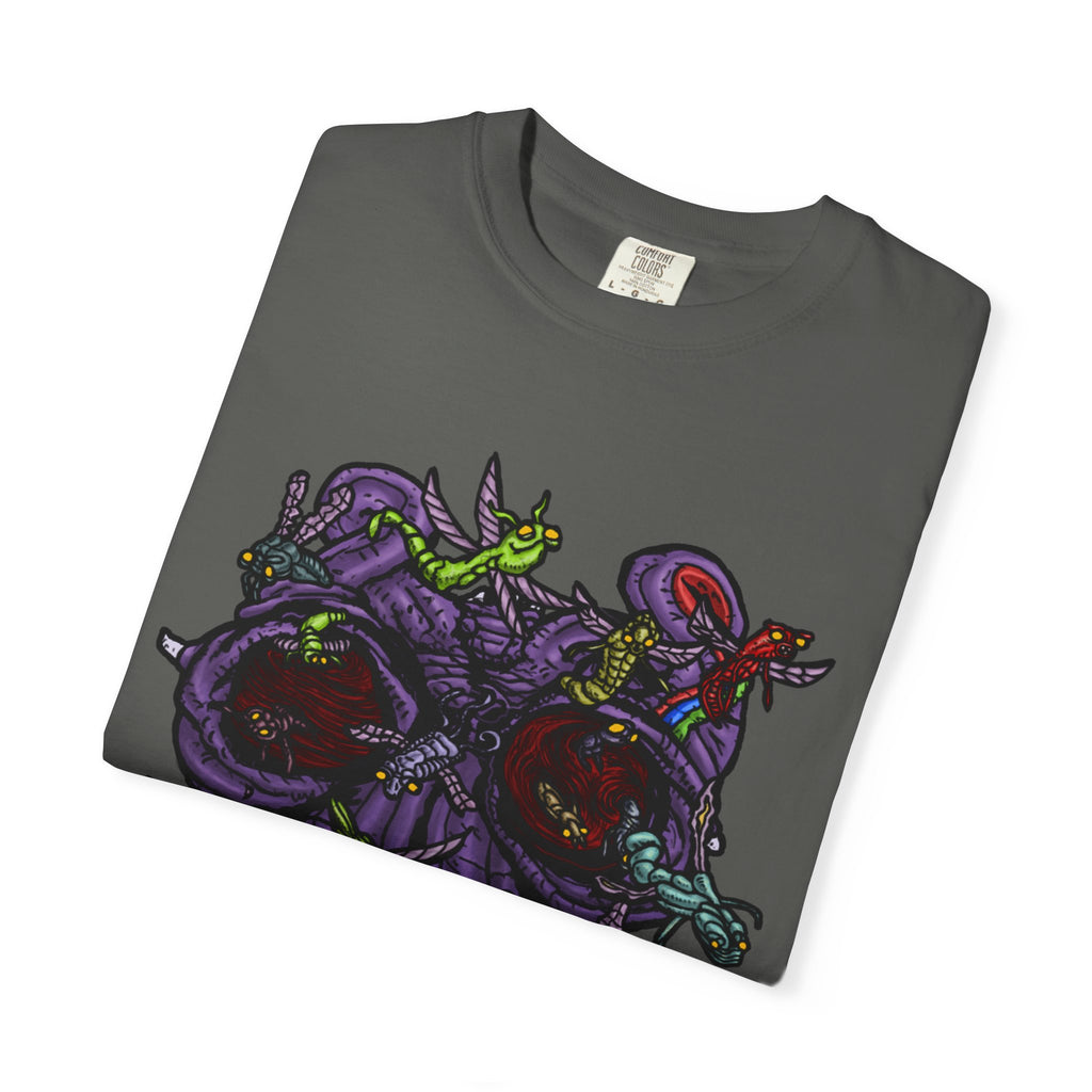 Freaky Features Alien t-shirt, front shows chaotic purple alien tentacles and insect swarm, back shows open pizza box designed as retro TV with pepperoni pizza inside

