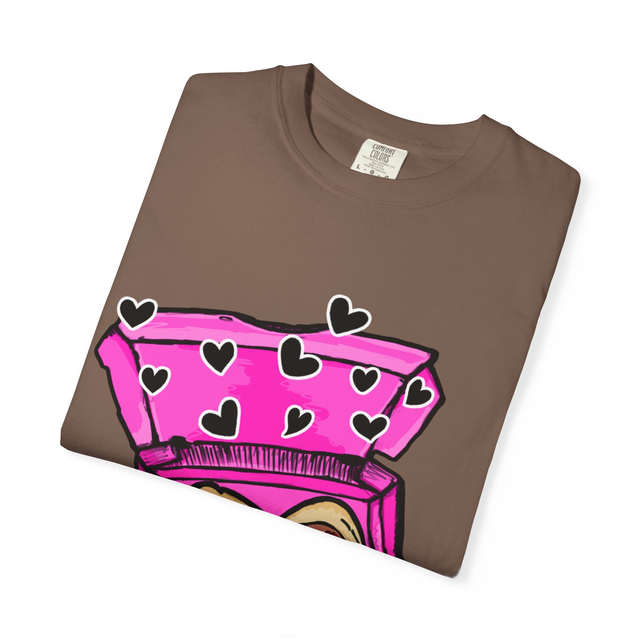 Hand-drawn heart pizza box t-shirt with pink pizza box, heart-shaped pepperoni pizza and floating black hearts on Comfort Color tee from PizzaBytes collection
