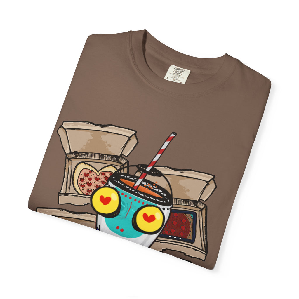 Hand-drawn PizzaBytes Set #4 t-shirt showing a cute blue soda cup monster with heart eyes in front of multiple open pizza boxes from PizzaBytes collection

