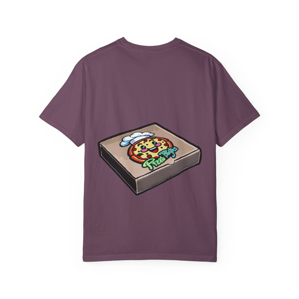 Hand-drawn little devils pizza box t-shirt showing open pizza box with cute red devils eating and stealing pepperoni pizza slices from PizzaBytes collection

