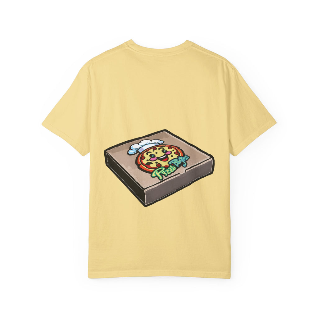 Hand-drawn jelly pizza box t-shirt showing open pizza box with green wobbly jelly pizza from PizzaBytes collection

