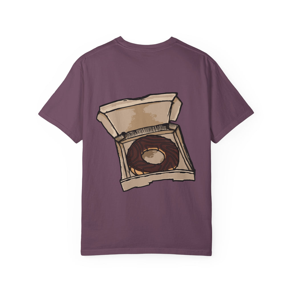 Freaky Features Paranoid Chicken t-shirt, front shows paranoid rooster head, back shows open pizza box with chocolate donut
