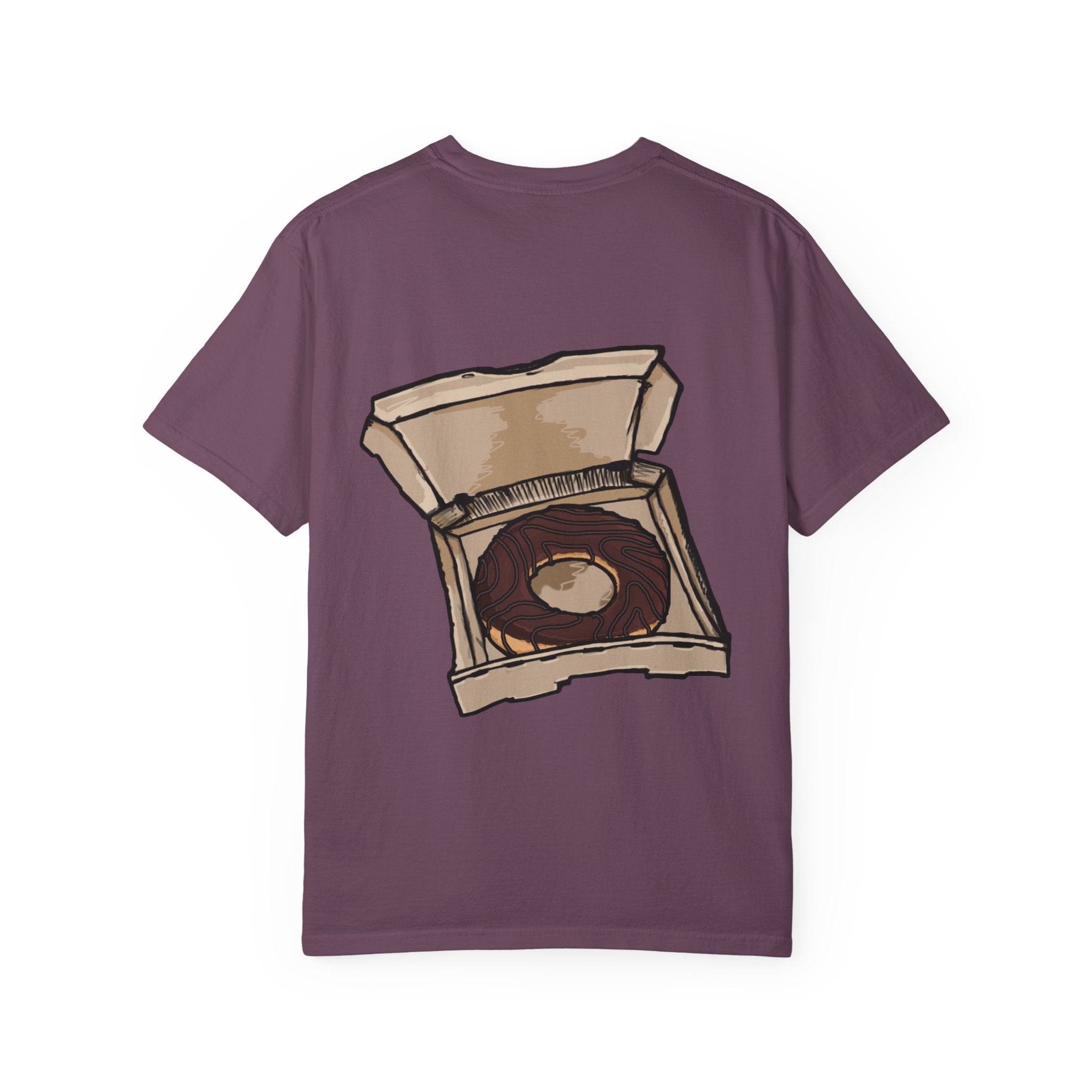Freaky Features Paranoid Chicken t-shirt, front shows paranoid rooster head, back shows open pizza box with chocolate donut