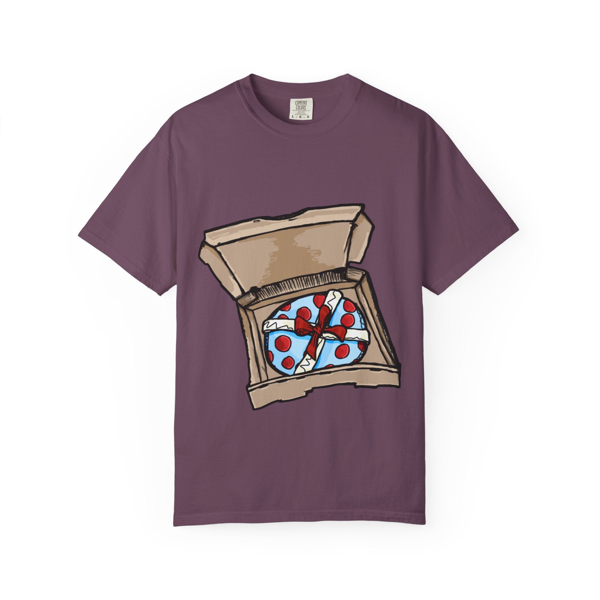 Hand-drawn gift pizza box t-shirt showing open pizza box with blue polka-dotted wrapped gift and red bow on Comfort tee from PizzaBytes collection
