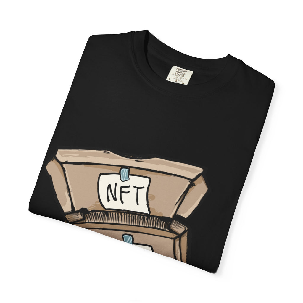 Hand-drawn NFT pizza box t-shirt showing open pizza box with NFT note and #PB pizza drawing from PizzaBytes collection

