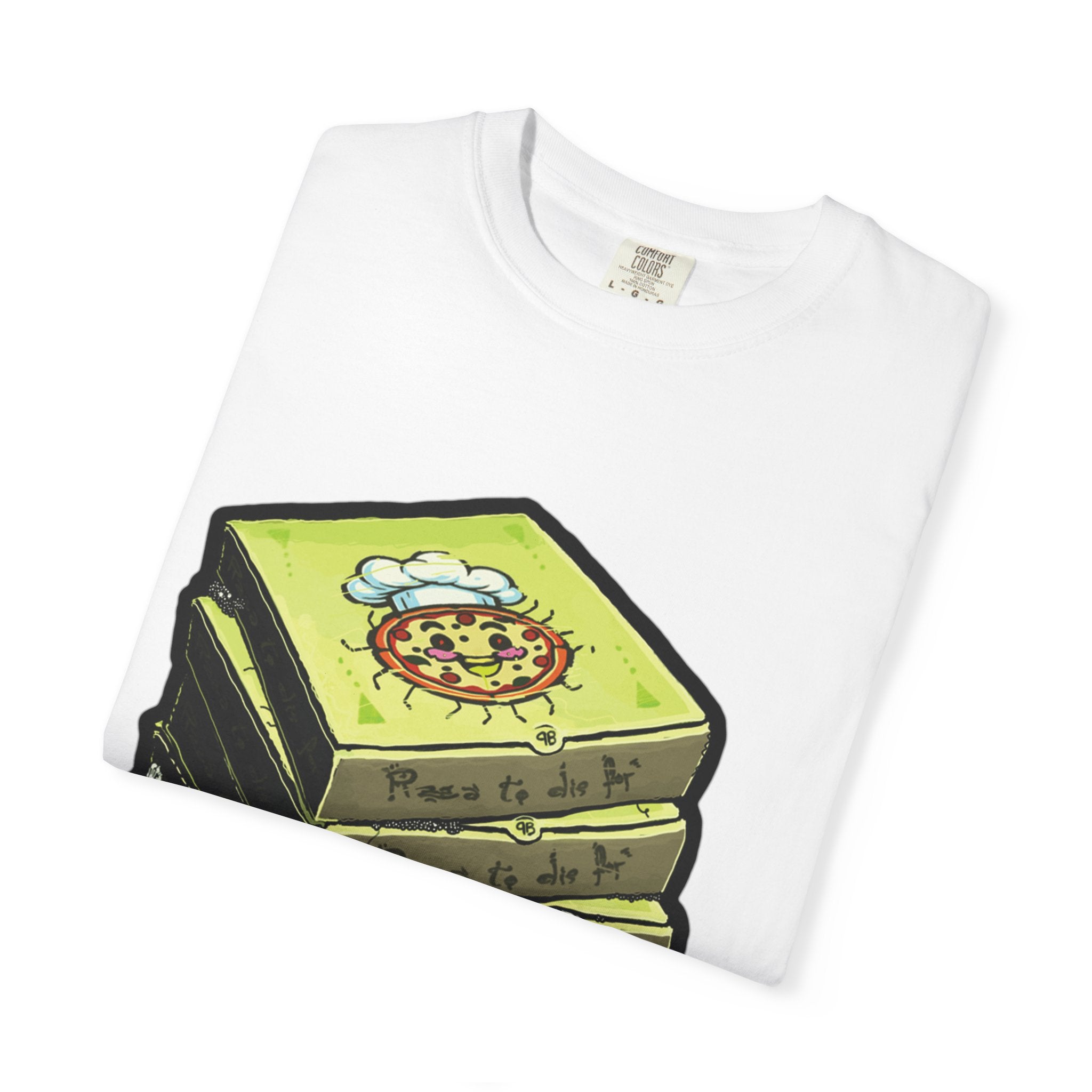 Hand-drawn toxic pizza stack t-shirt with glowing green pizza character and slimy tentacle on tee from PizzaBytes collection
