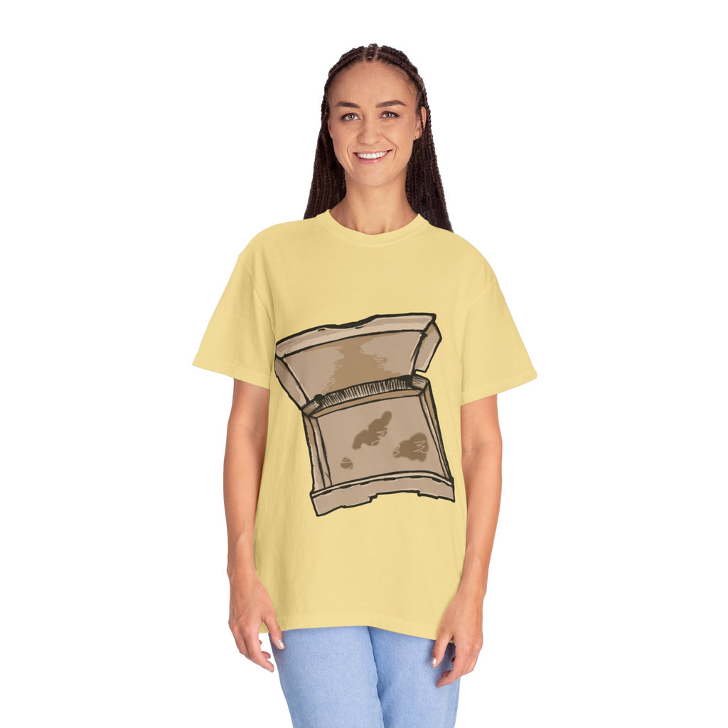 Hand-drawn empty pizza box t-shirt showing open box with grease stains on Comfort tee from PizzaBytes collection
