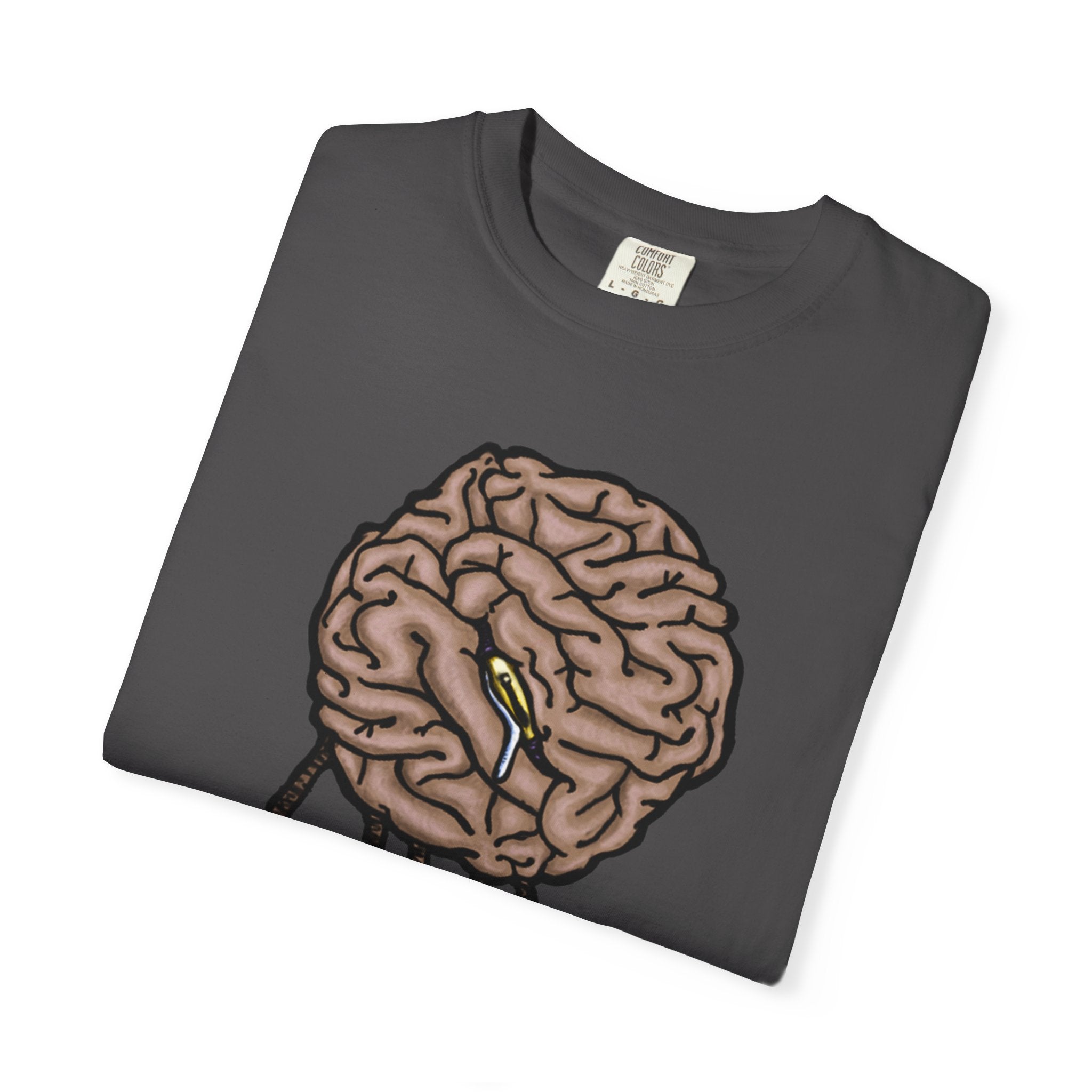 Freaky Features Sad Brian t-shirt, front shows a sad dripping brain monster with tentacles, back shows an open pizza box with half-eaten cake dripping

