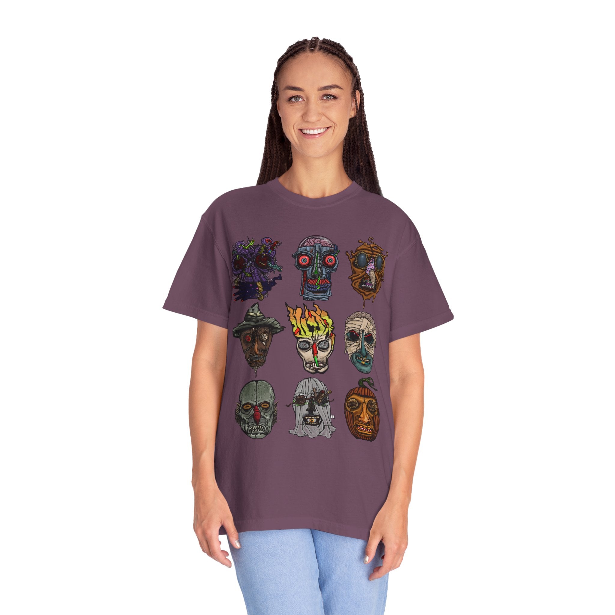 Freaky Features Collective #1 t-shirt, front and back show 3x3 grids of hand-drawn monster heads including alien, robot, melting chocolate, scarecrow, flaming skull, mummy, fishman, ghost, and pumpkinjack

