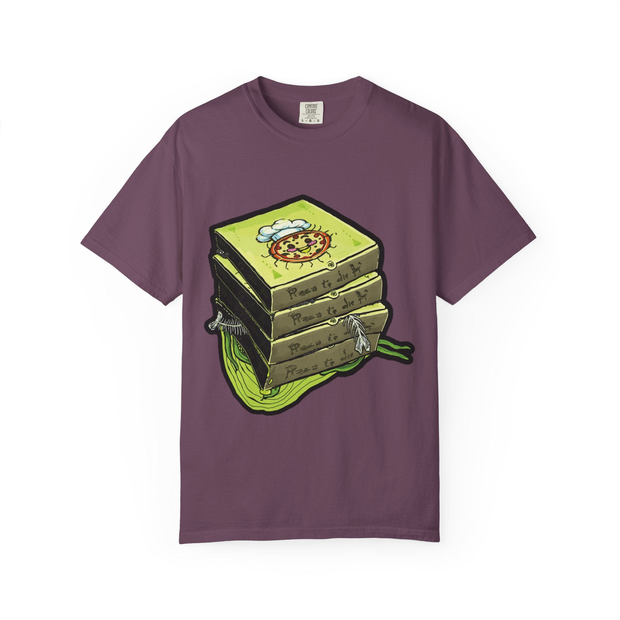 Hand-drawn toxic pizza stack t-shirt with glowing green pizza character and slimy tentacle on tee from PizzaBytes collection