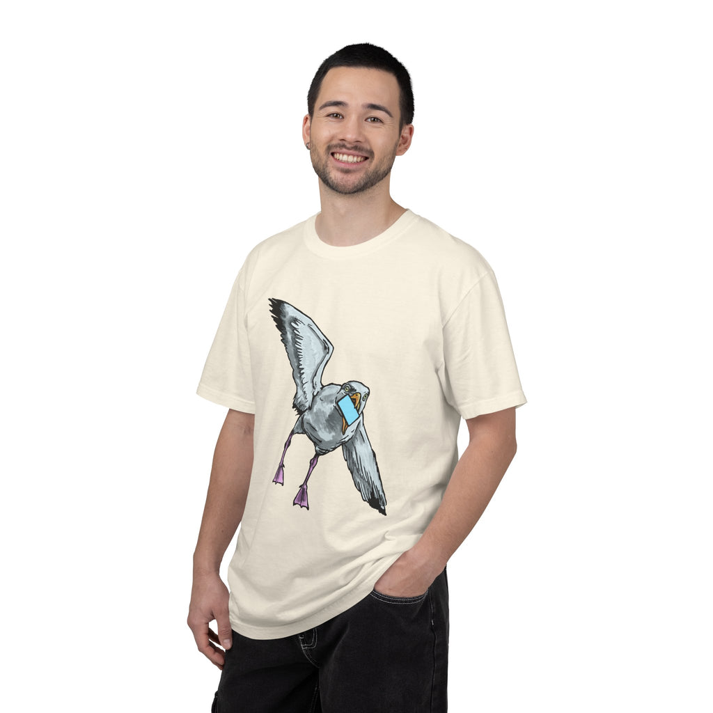 Hand-drawn pizza-stealing seagull monster t-shirt, outstretched wings and purple legs on tee from PizzaBytes collection