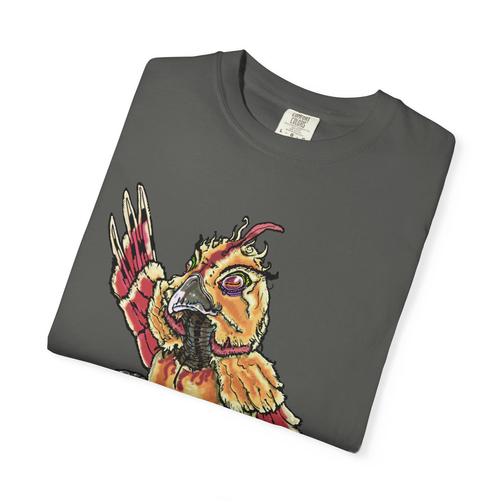 Fiery Inferno Phoenix Pizza Monster T-Shirt, Hand-drawn pizza phoenix with melted cheese flames, pepperoni wings, and glowing eyes on Comfort Colors tee from PizzaBytes collection
