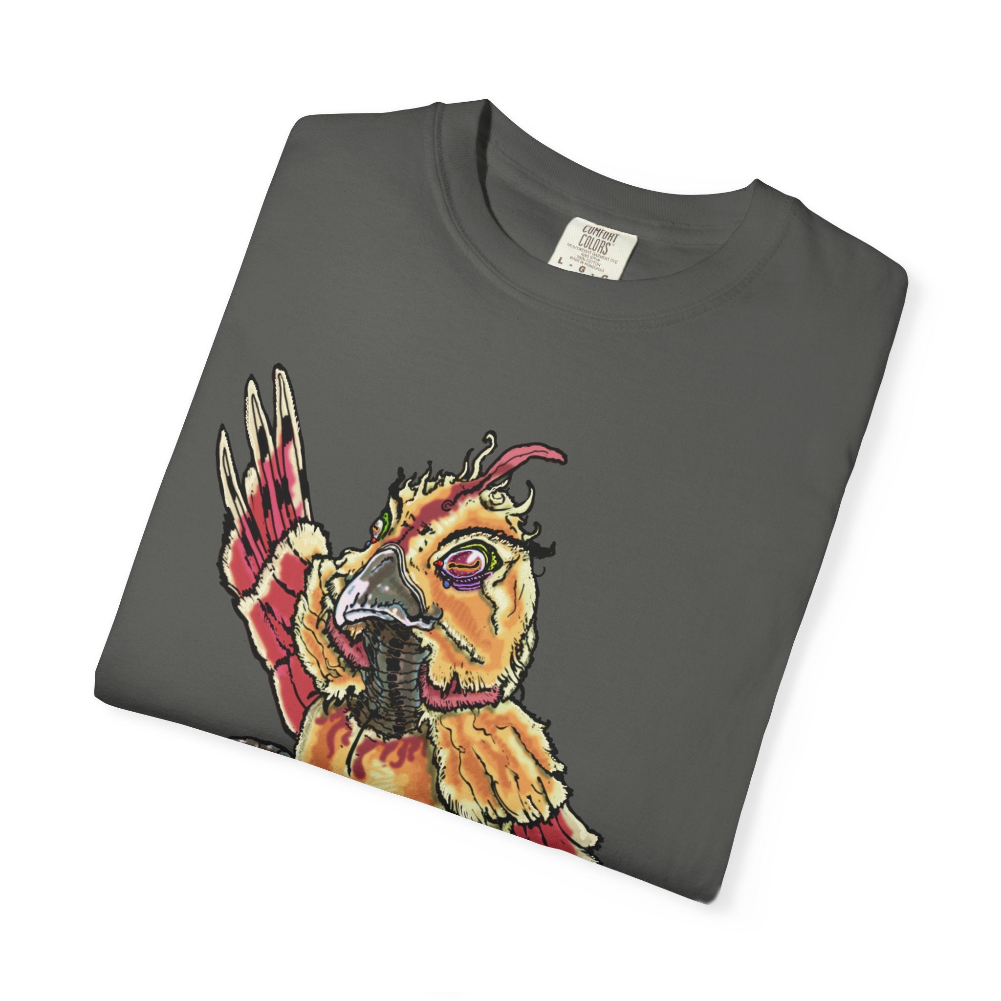 Fiery Inferno Phoenix Pizza Monster T-Shirt, Hand-drawn pizza phoenix with melted cheese flames, pepperoni wings, and glowing eyes on Comfort Colors tee from PizzaBytes collection
