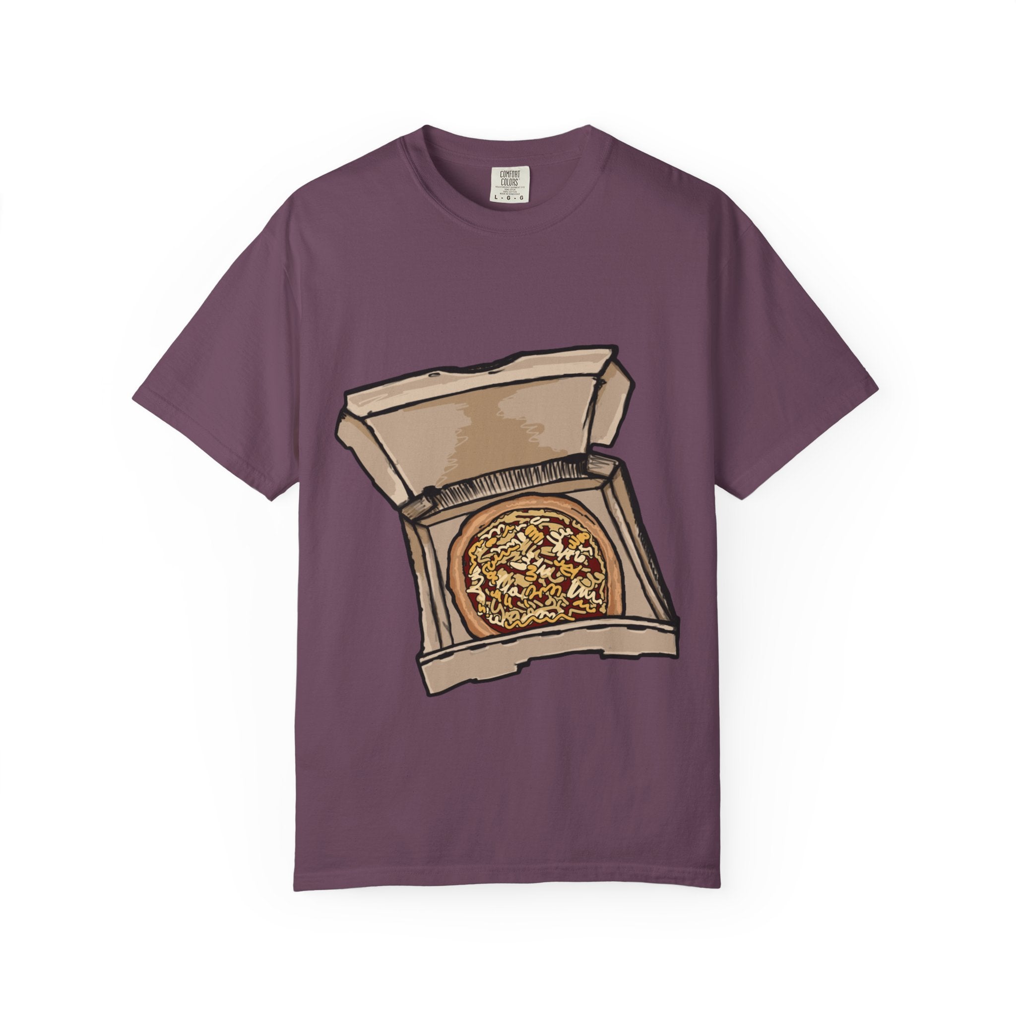 Hand-drawn noodle pizza box t-shirt showing open pizza box with pizza topped with crispy noodles from PizzaBytes collection

