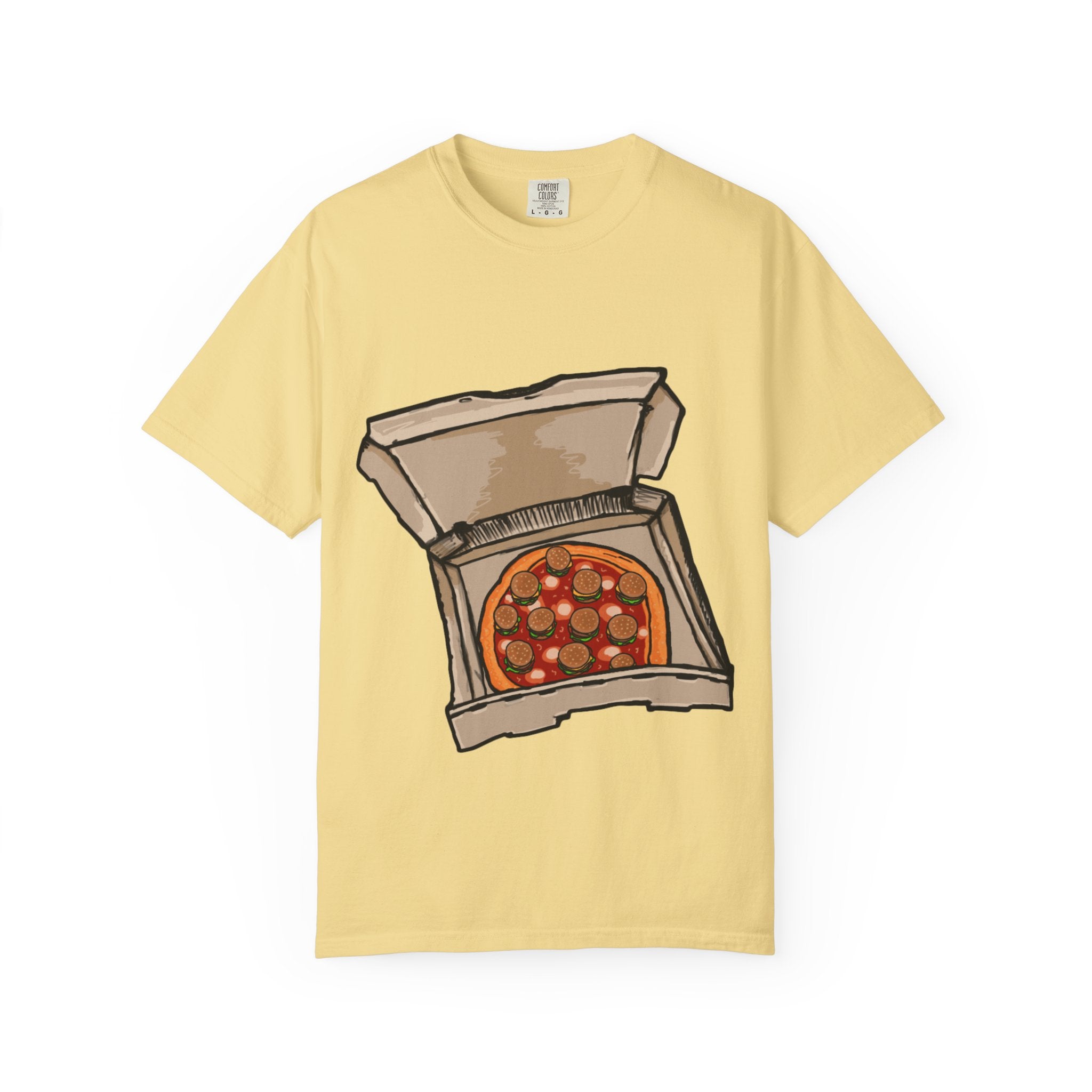 Hand-drawn burger pizza box t-shirt showing open pizza box with pepperoni pizza topped with mini cheeseburgers on Comfort tee from PizzaBytes collection