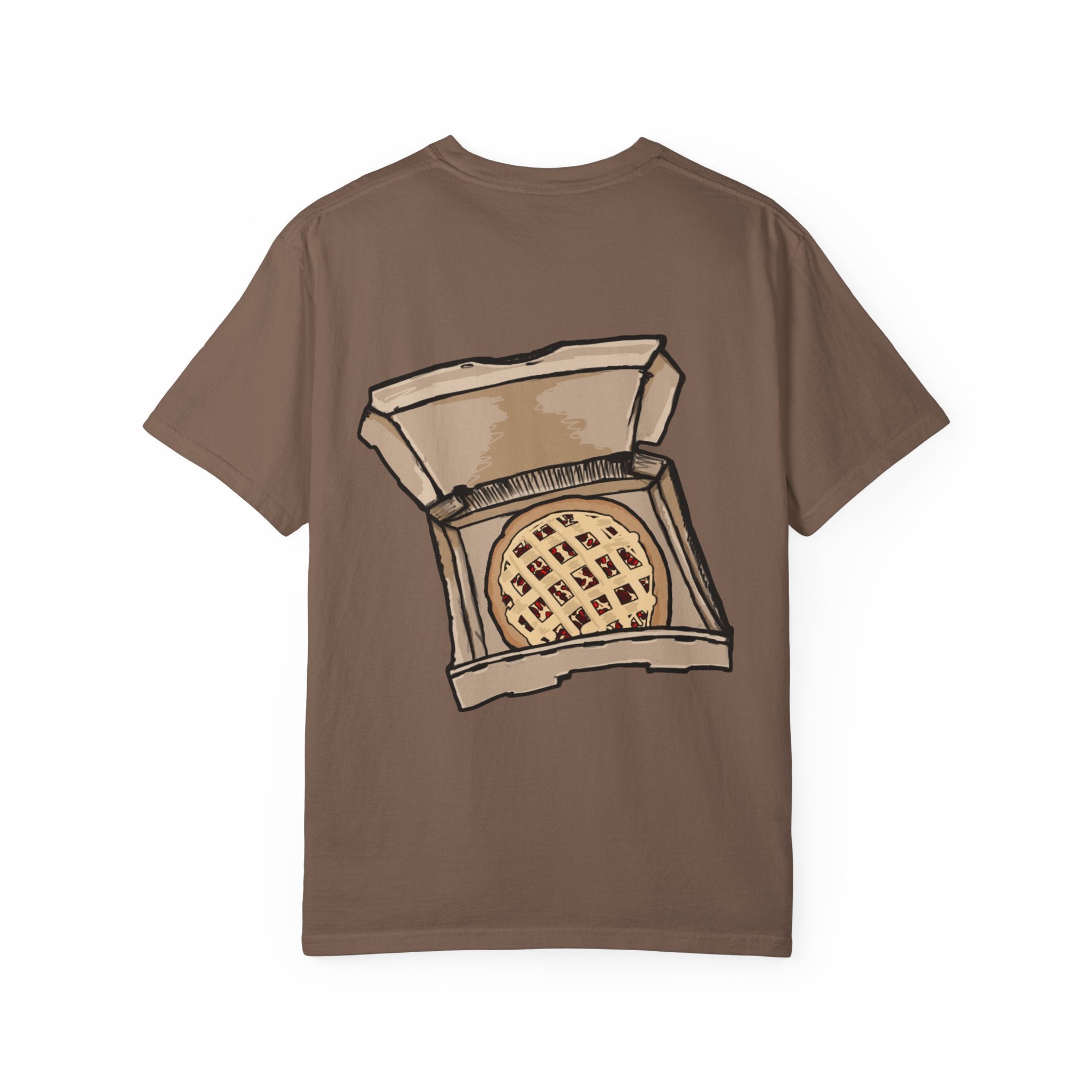 Freaky Features Scarecrow t-shirt, front shows creepy scarecrow head with witch hat and mismatched eyes, back shows open pizza box with lattice cherry pie
