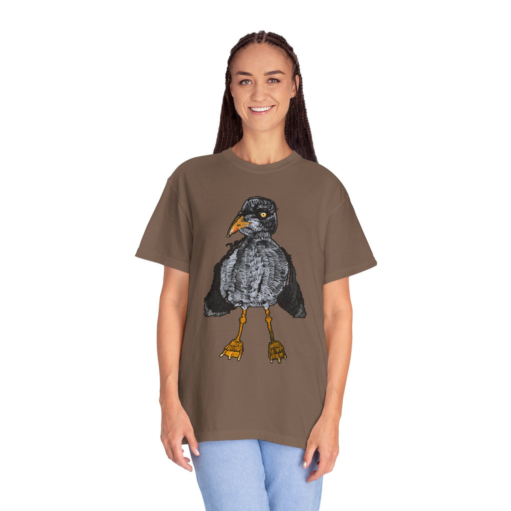 Hand-drawn crocheted staring seagull t-shirt with textured feathers, intense yellow eye and orange legs on Comfort Colors tee from PizzaBytes collection
